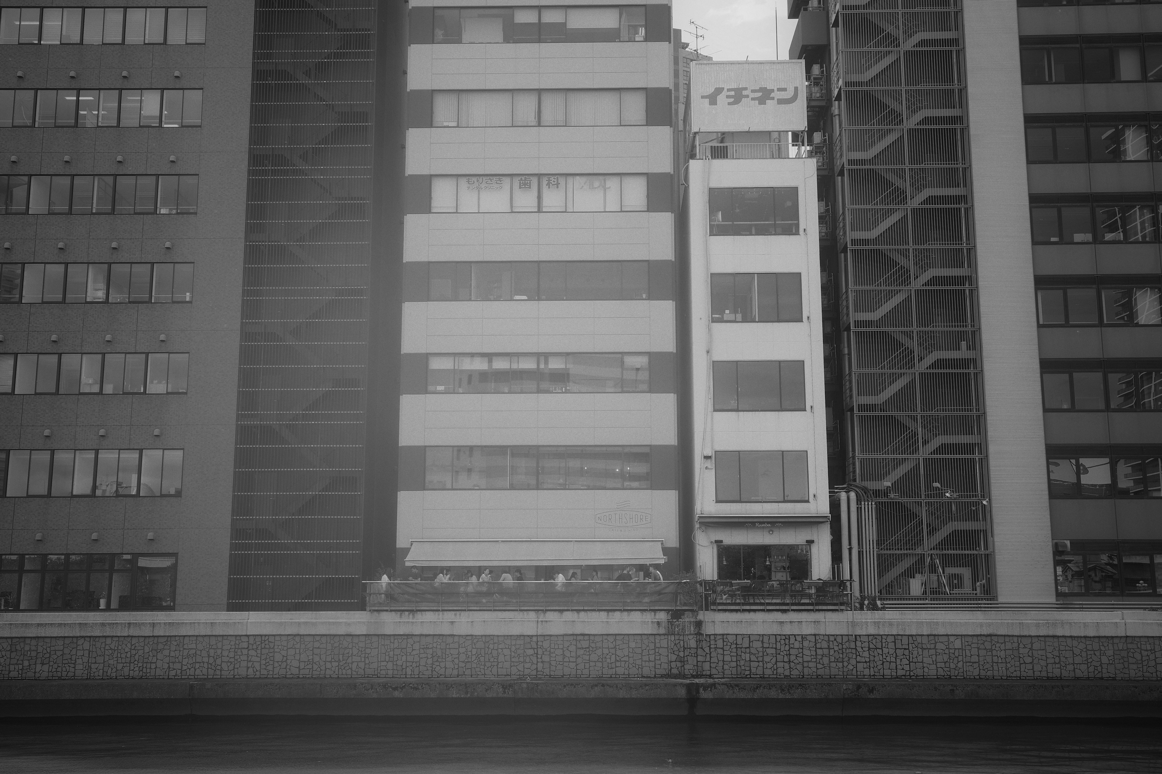 Black and white urban scene featuring buildings next to a river