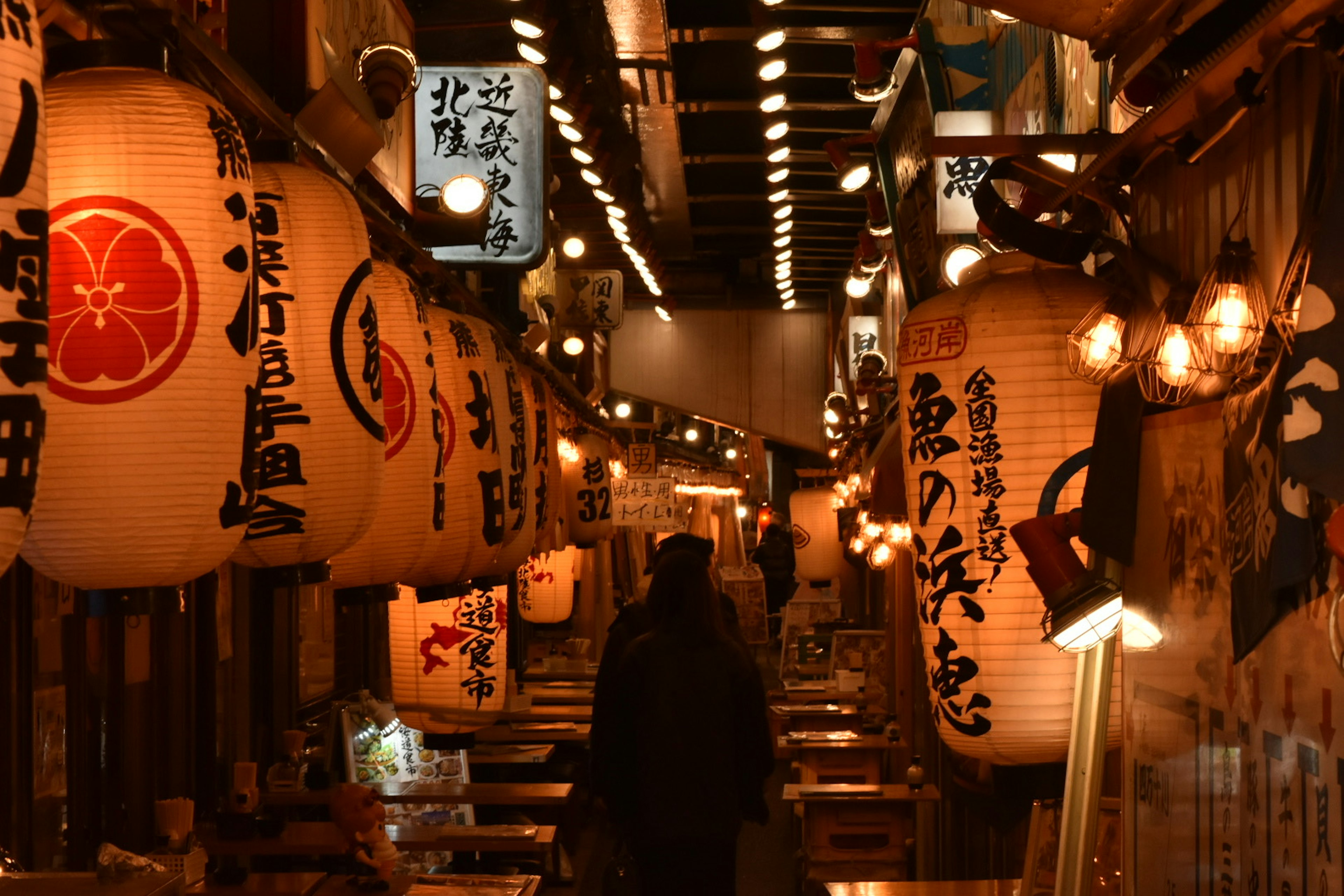 Escena nocturna de una calle de comida japonesa con faroles