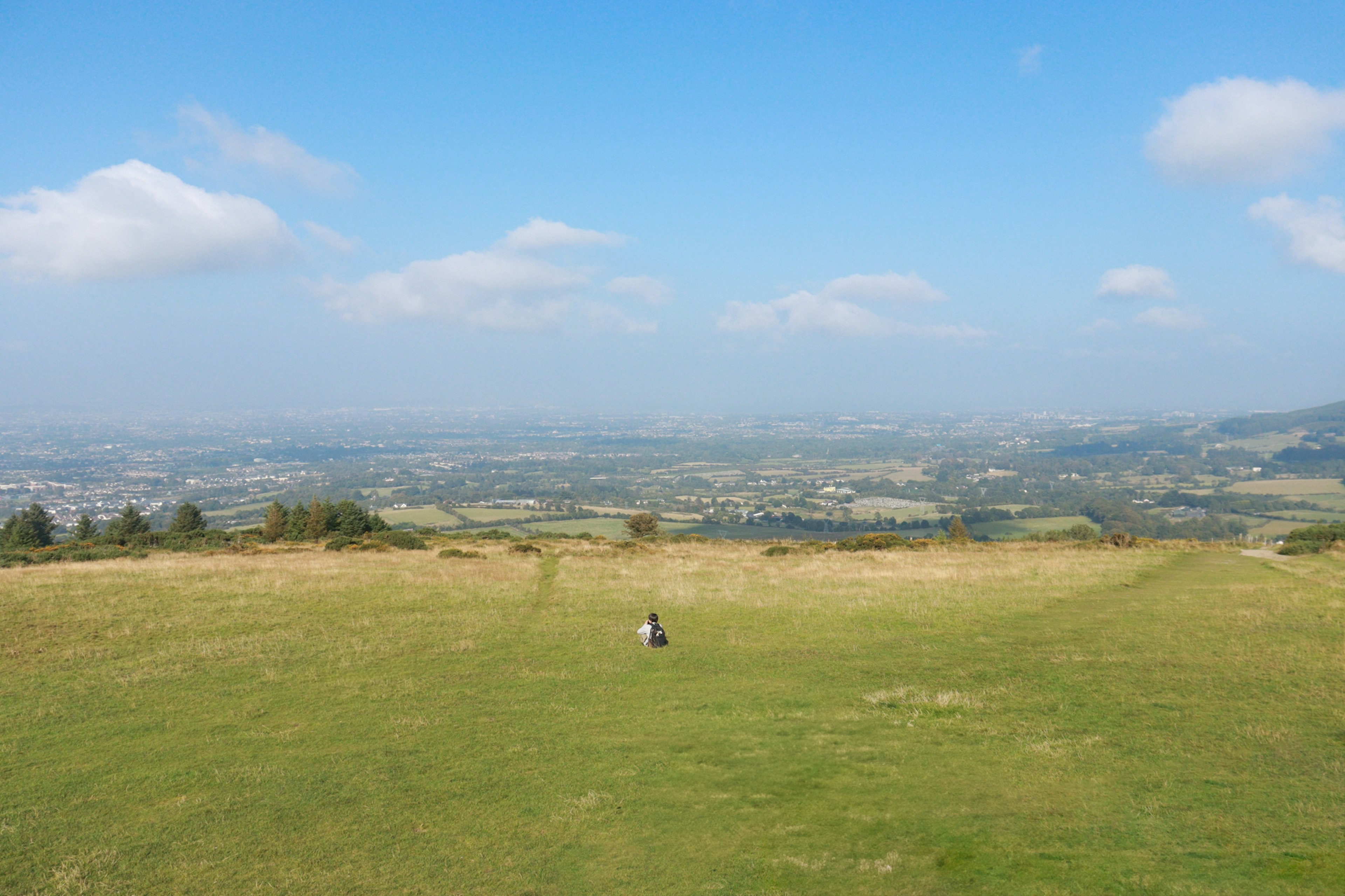 Weites grünes Feld mit blauem Himmel und fernen Hügeln