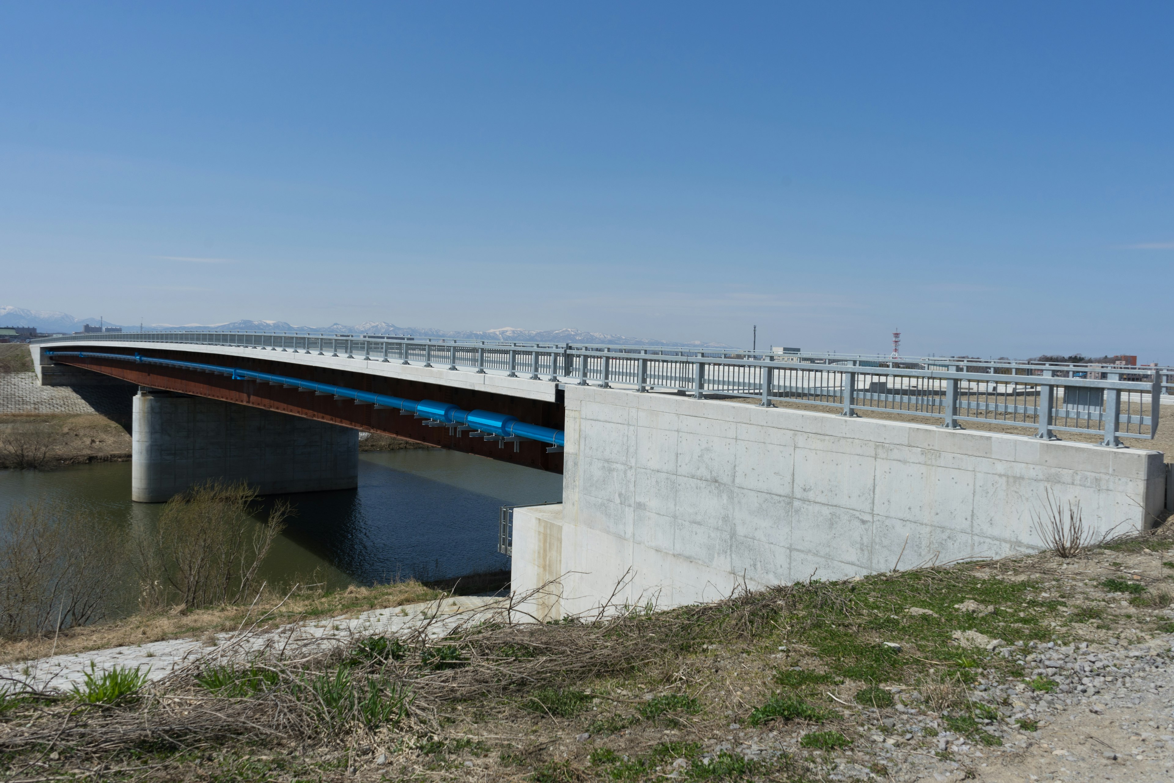 青い橋が川を跨いでいる風景の写真