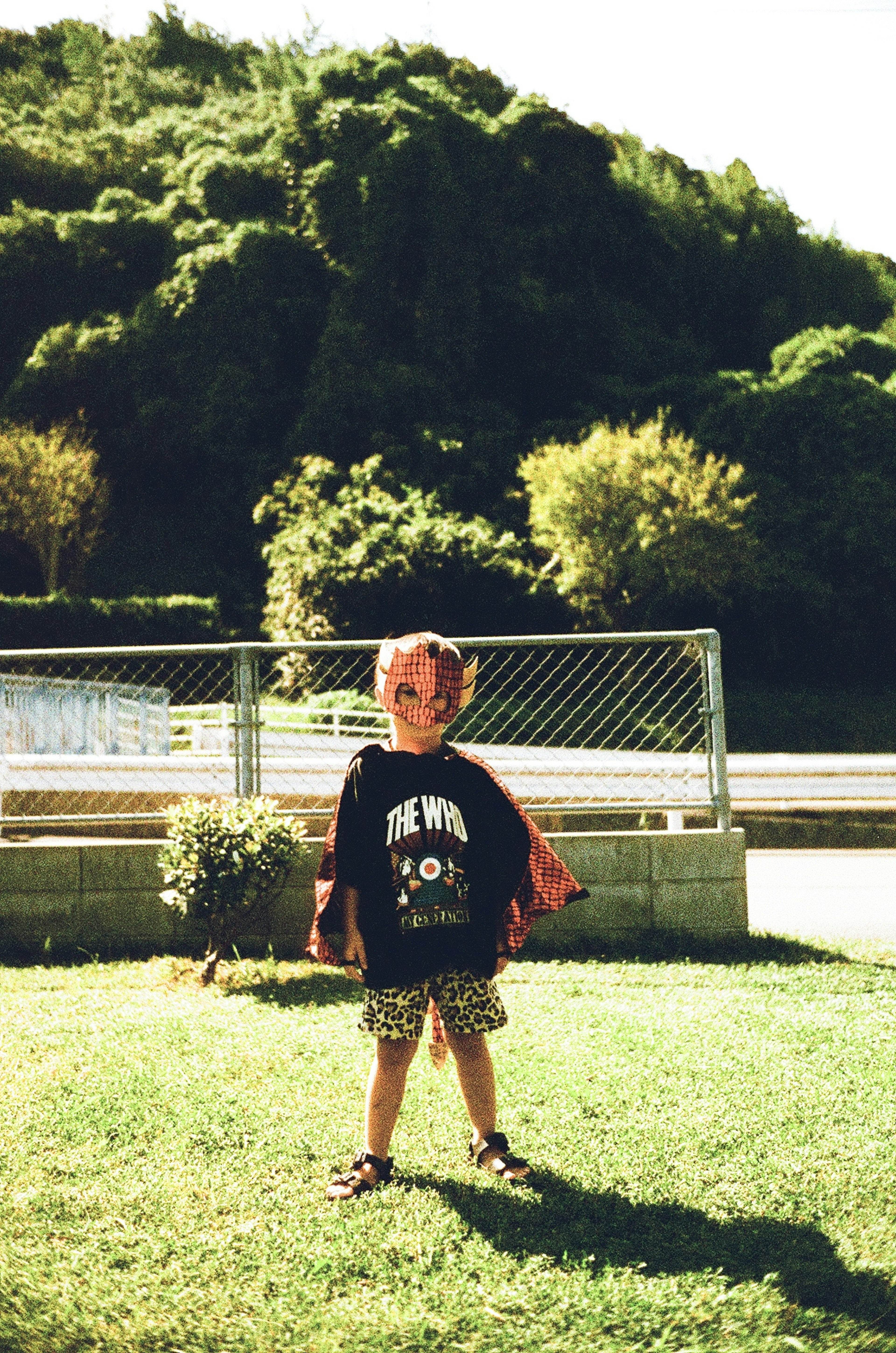 Niño de pie en un parque con fondo verde y césped