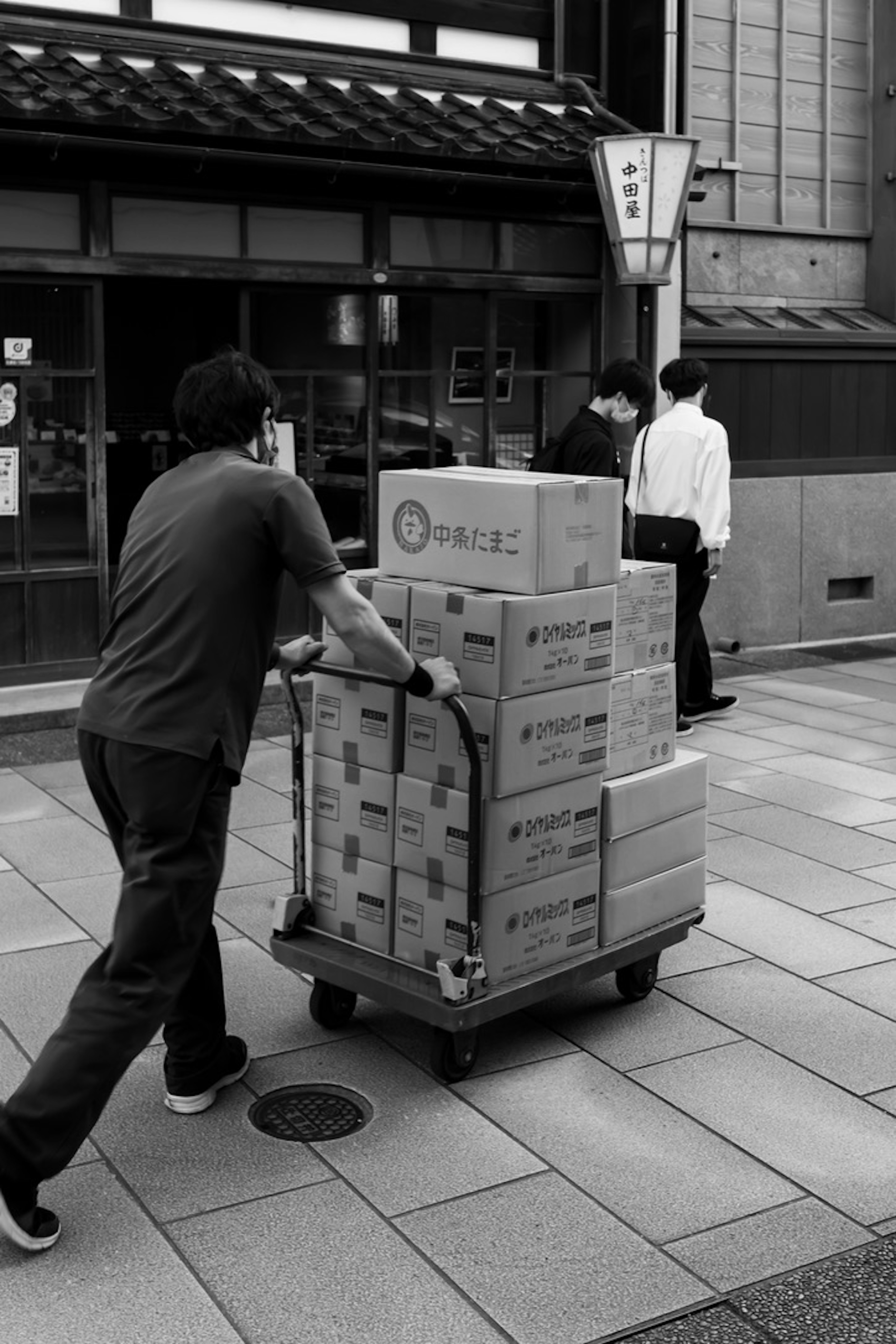 Person pushing a cart loaded with boxes in a black and white urban setting