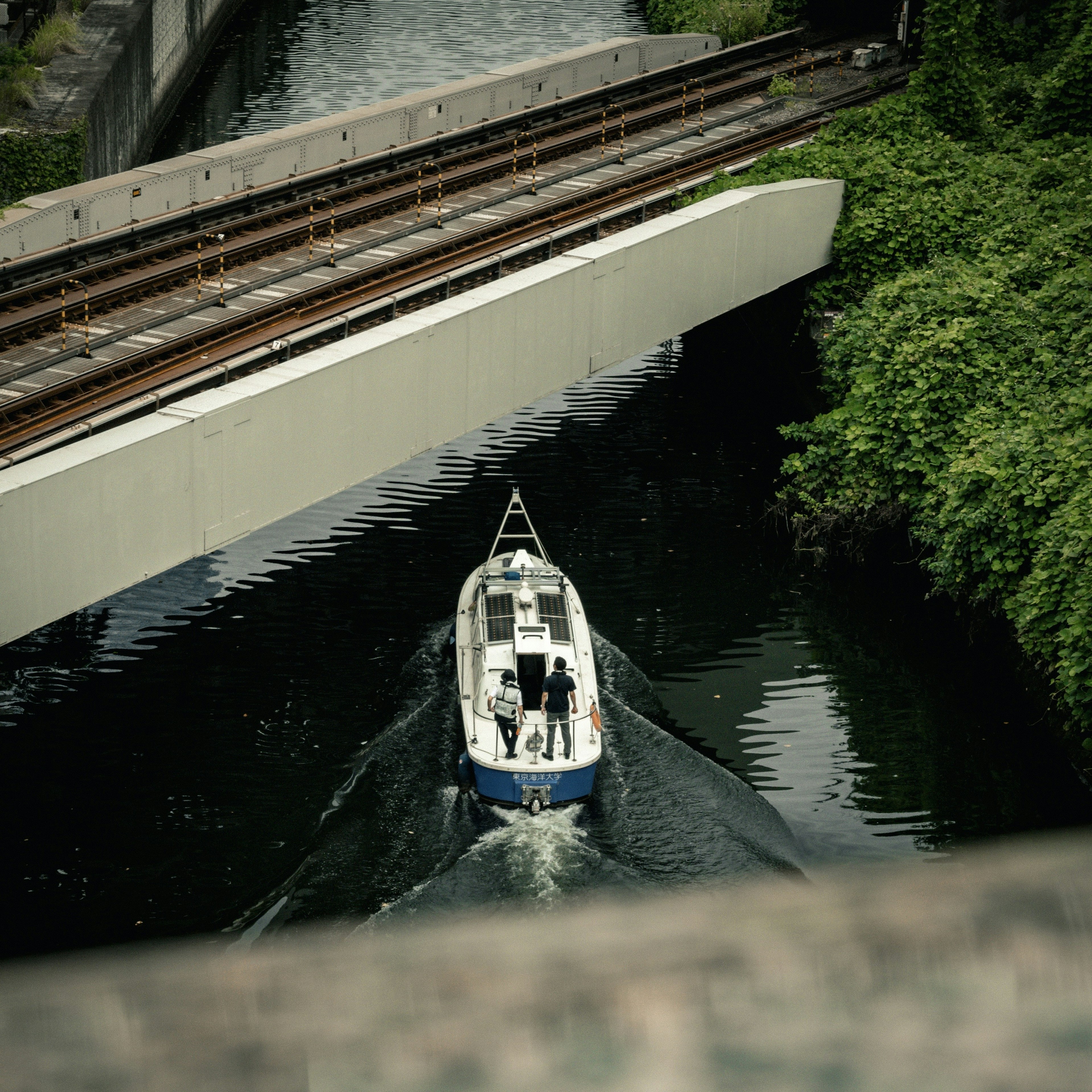 A white boat navigating a canal surrounded by greenery