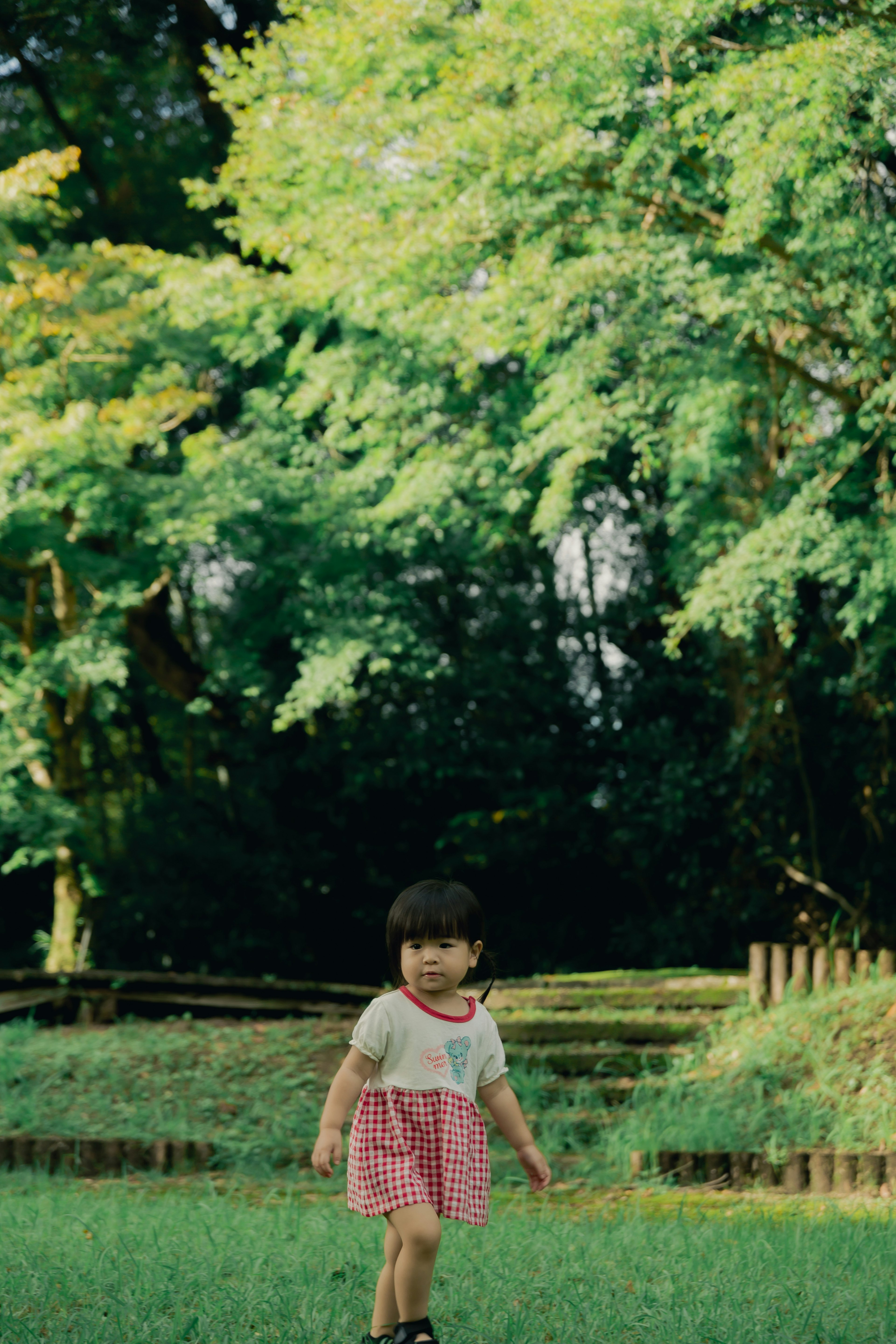 Child walking among green trees wearing a red checkered skirt