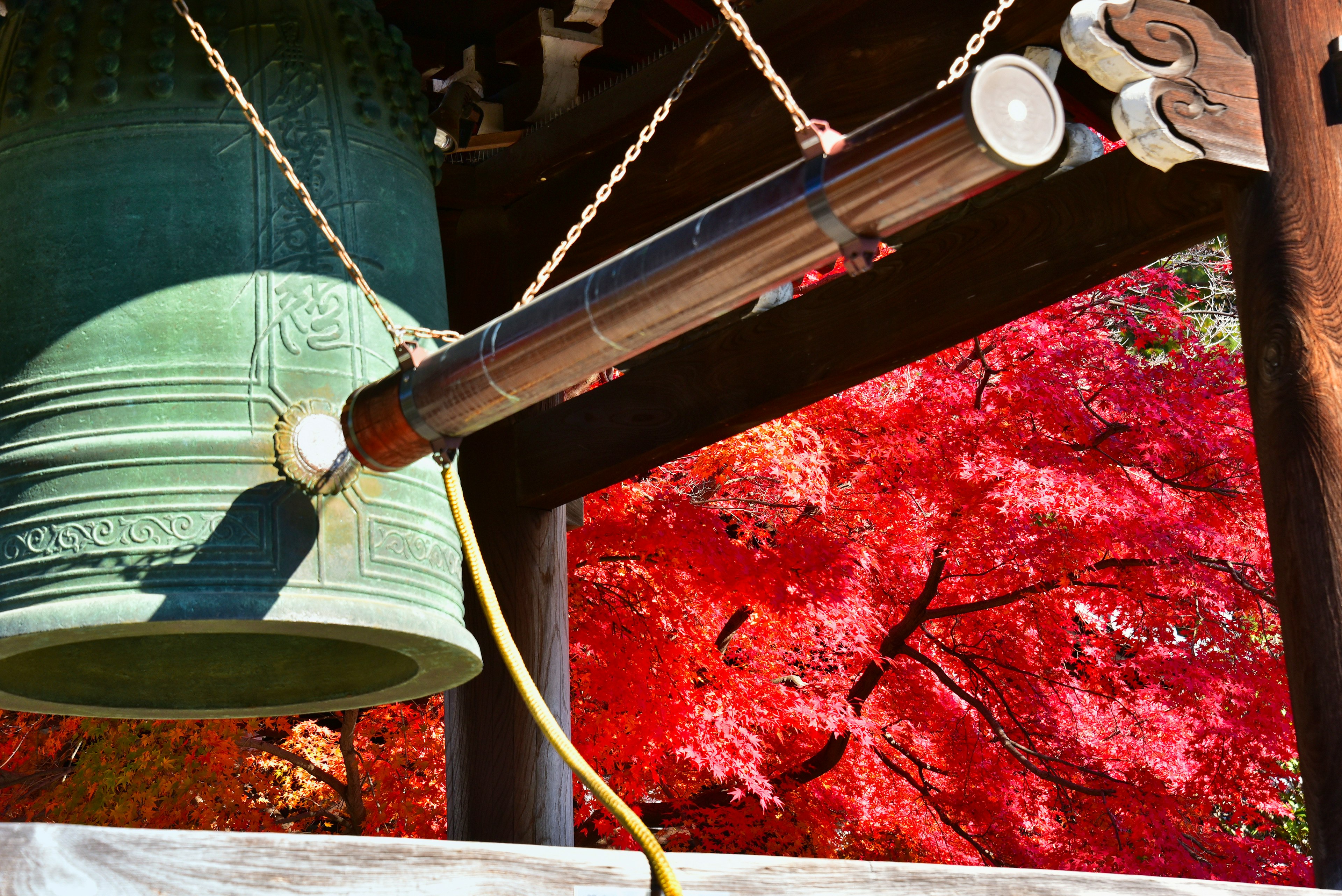 Image of a green bell with a red maple leaf background