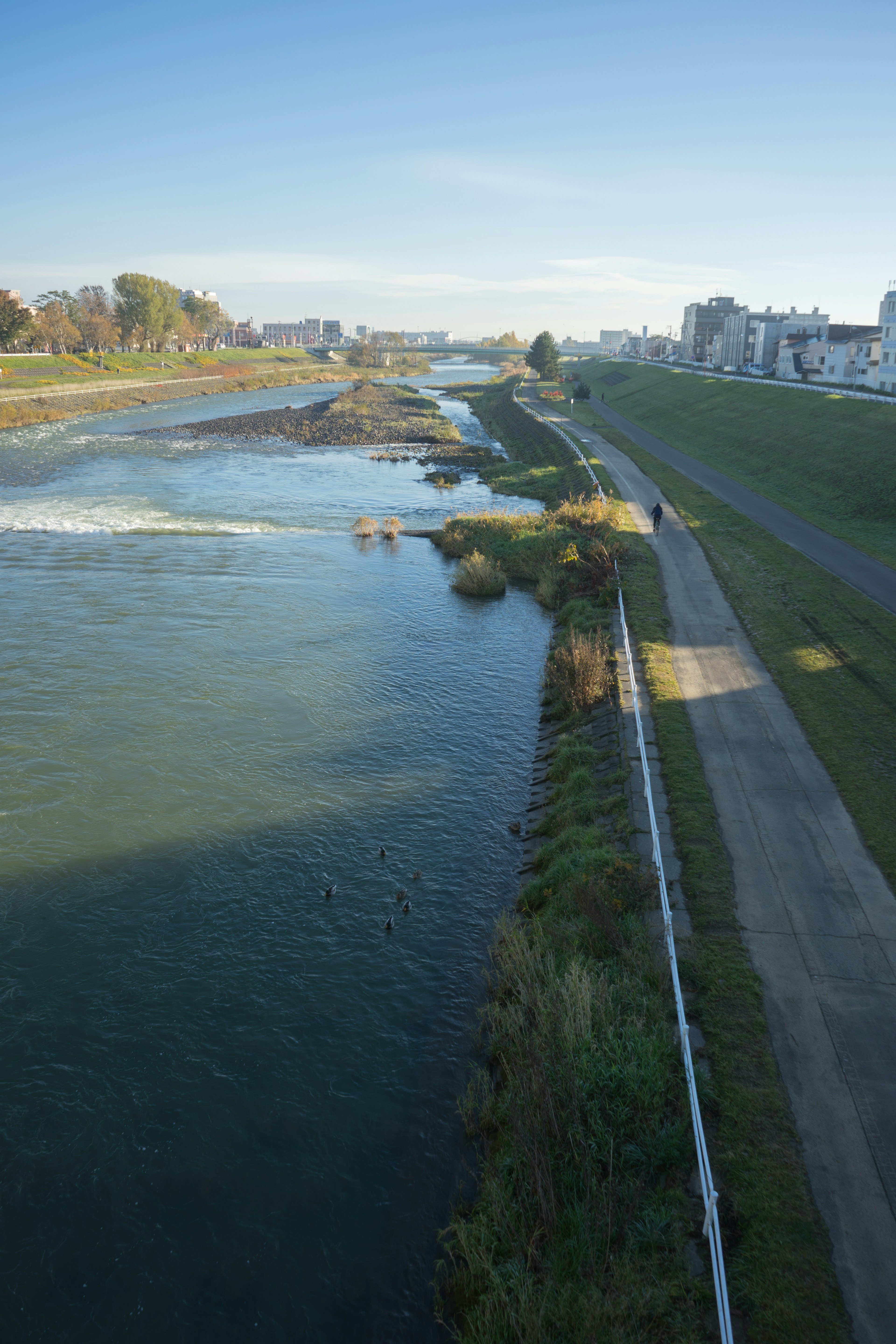 Vista panoramica di un fiume blu circondato da erba verde e un sentiero