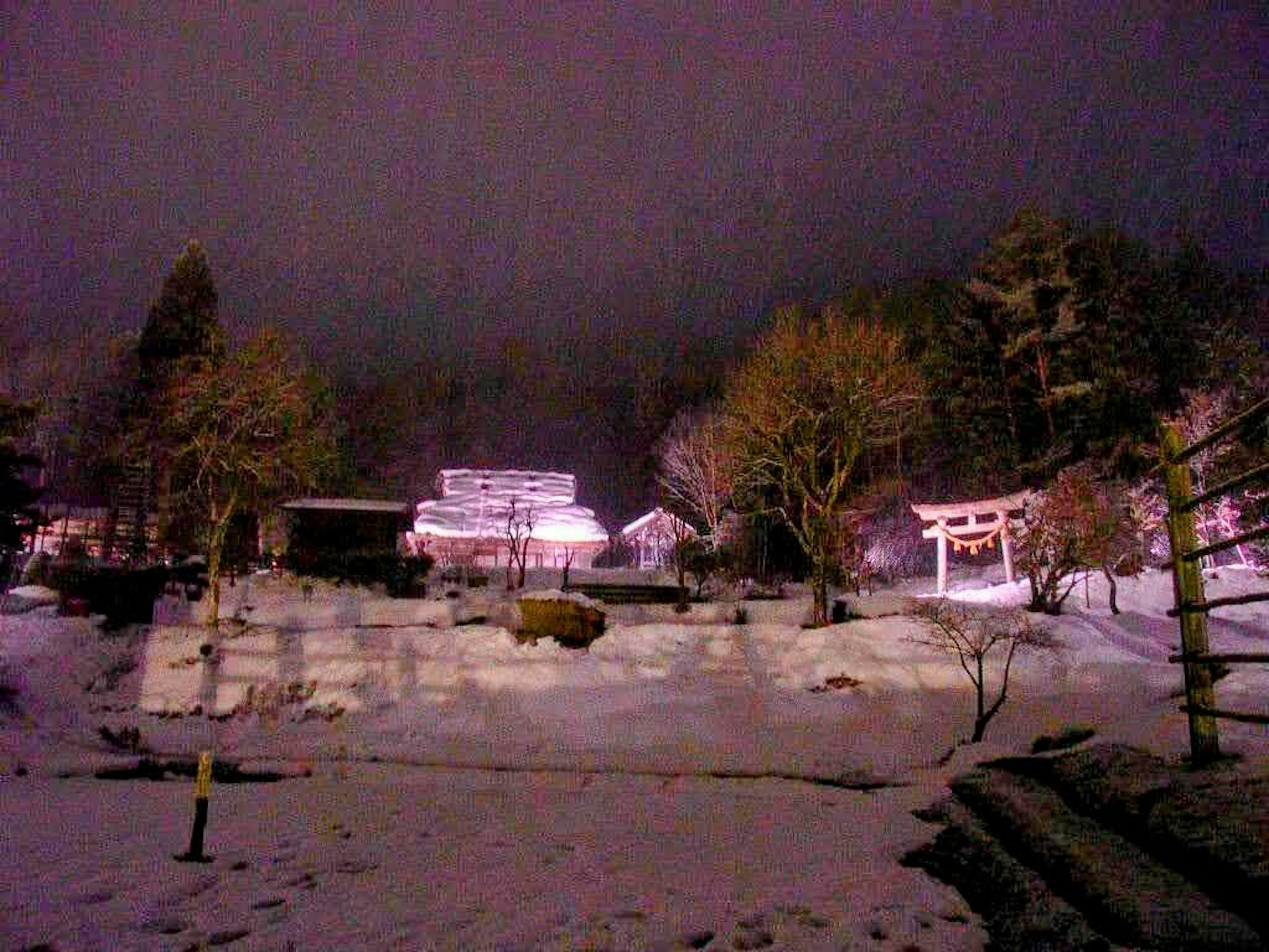 雪に覆われた静かな風景に神社の鳥居と建物が見える夜のシーン