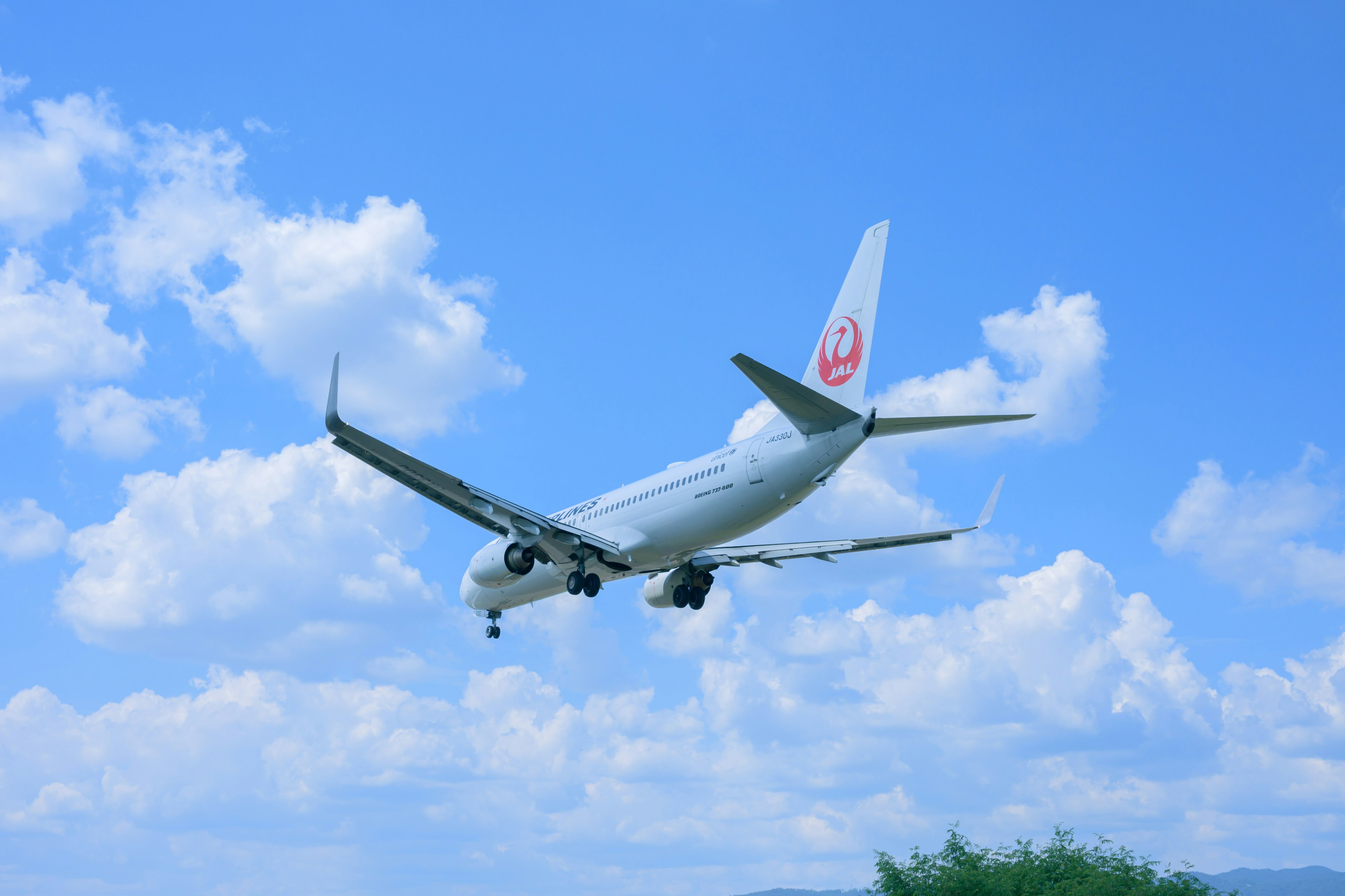 Avión de pasajeros de Japan Airlines volando bajo un cielo azul