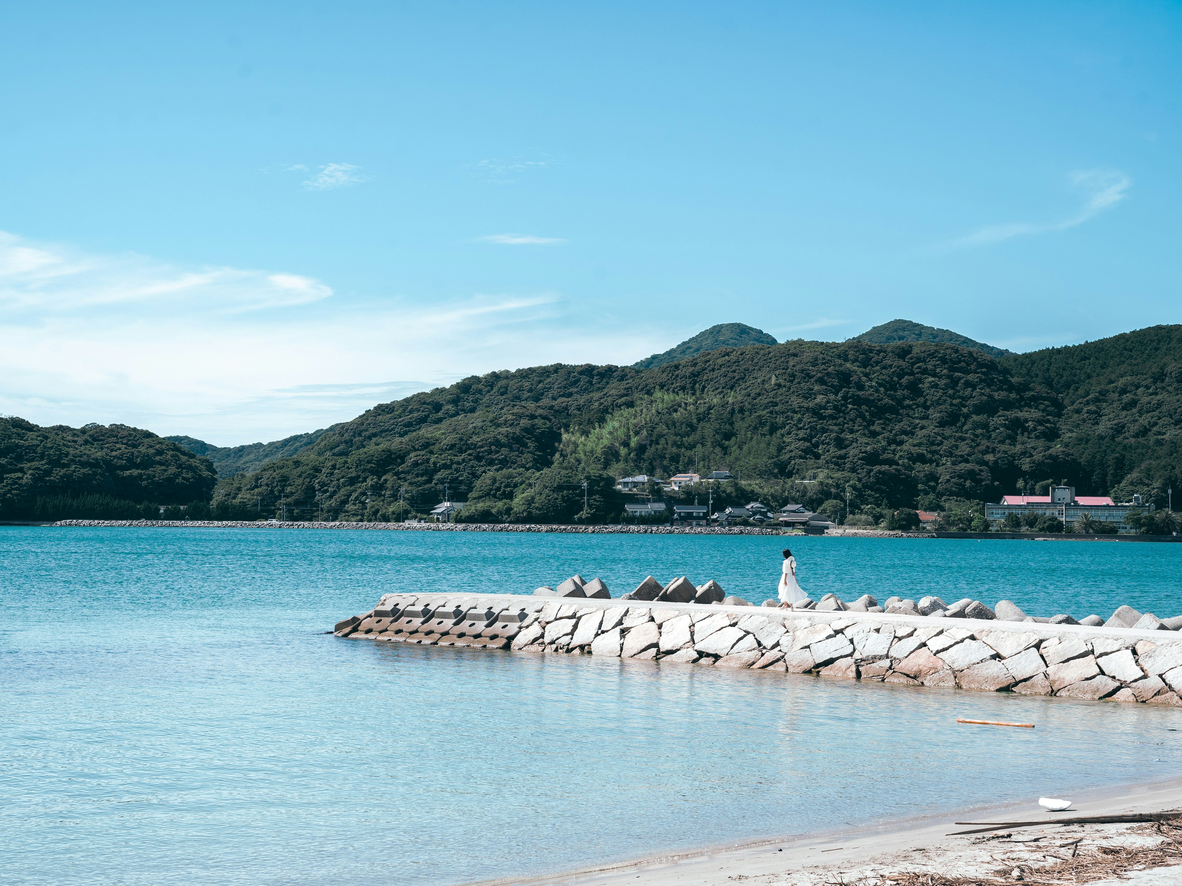 風景如畫的海灘景觀，背景有藍色水域和柔和的山丘