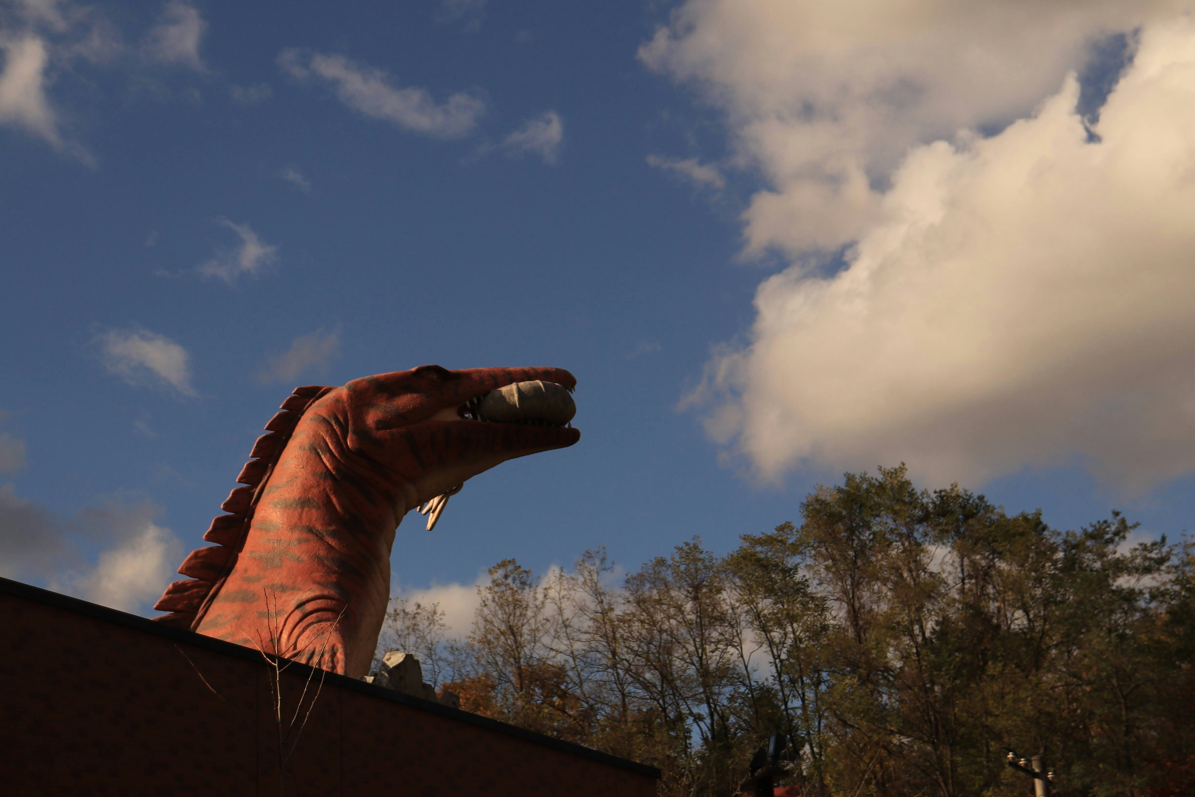 A large red horse sculpture looking up at the sky