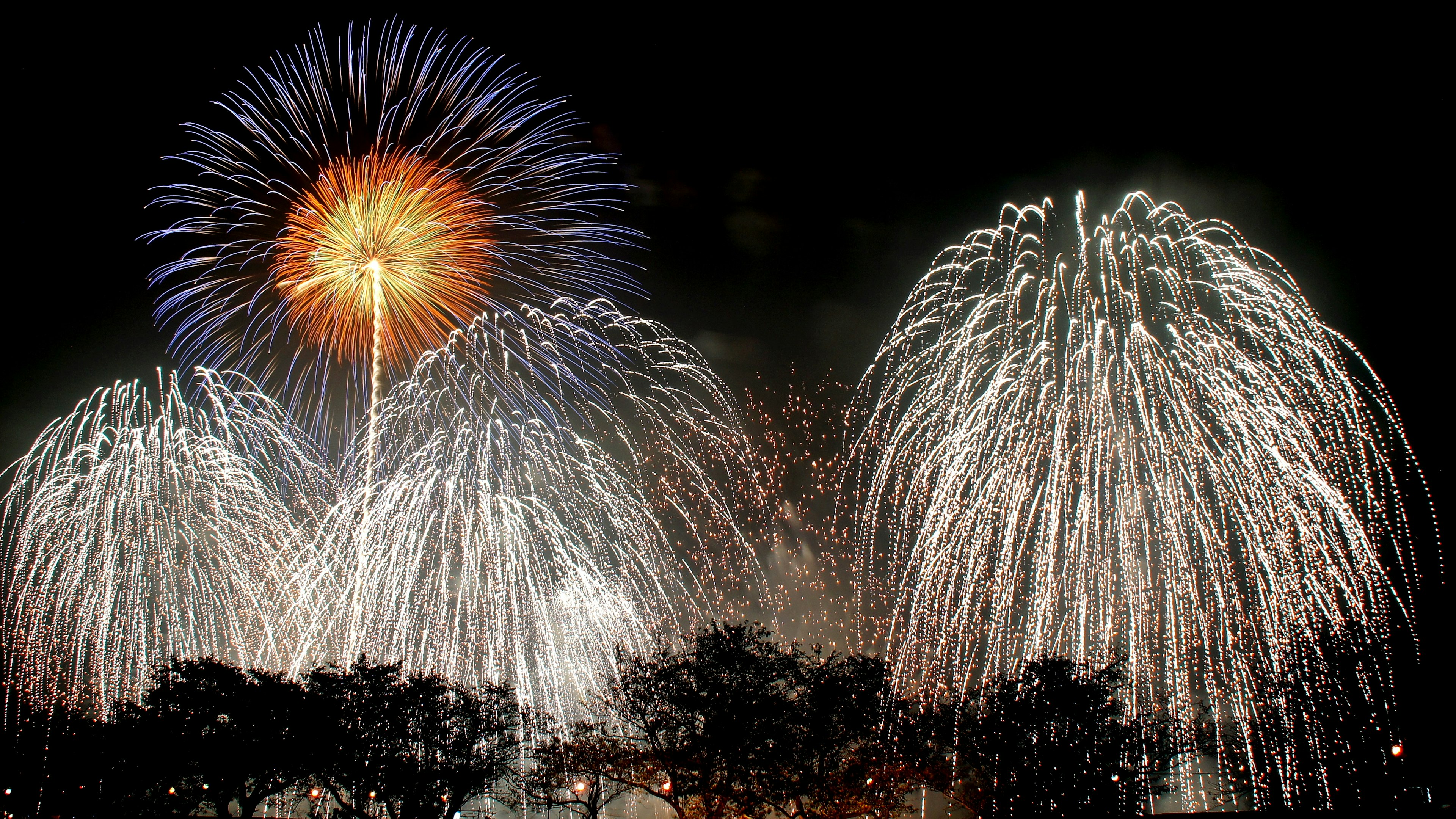 Vibrant fireworks display in the night sky featuring a large orange firework and cascading white fireworks