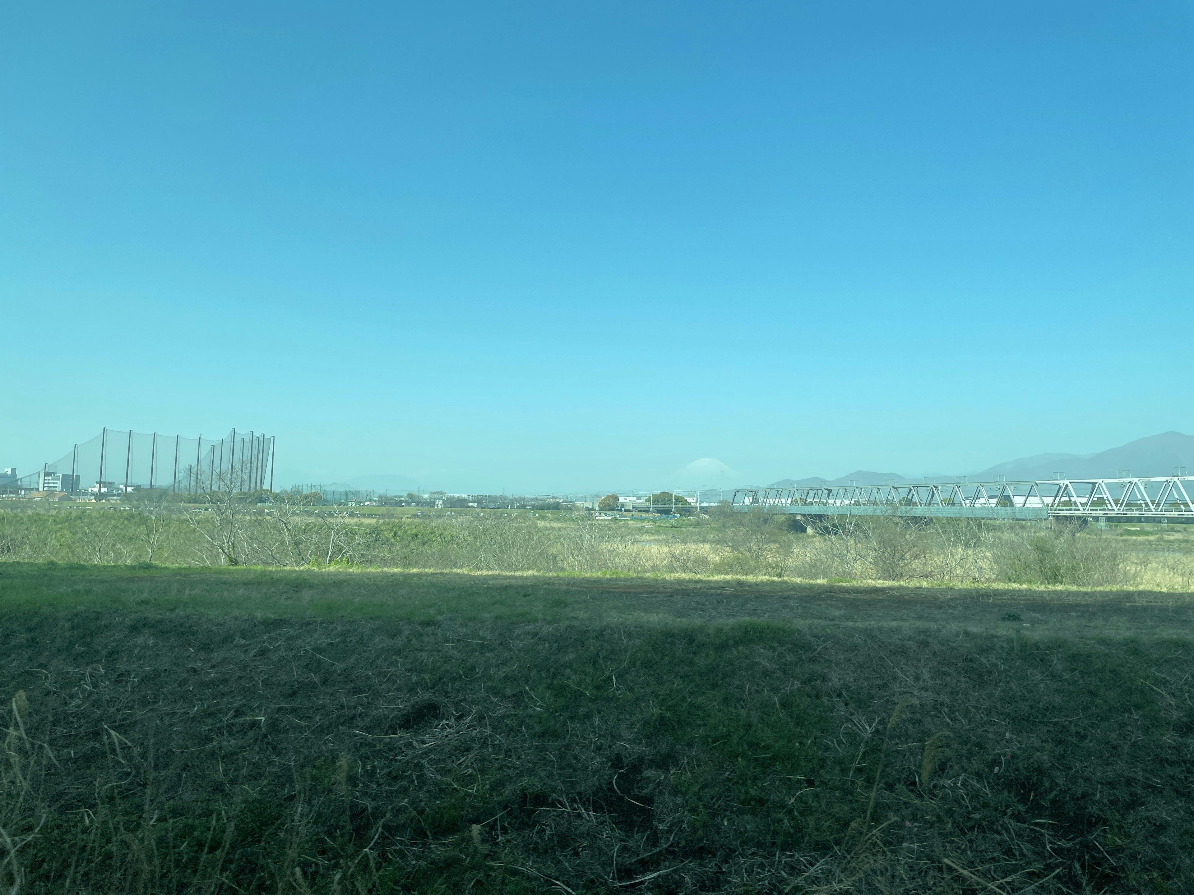 Landscape featuring a blue sky and expansive grassland with distant buildings