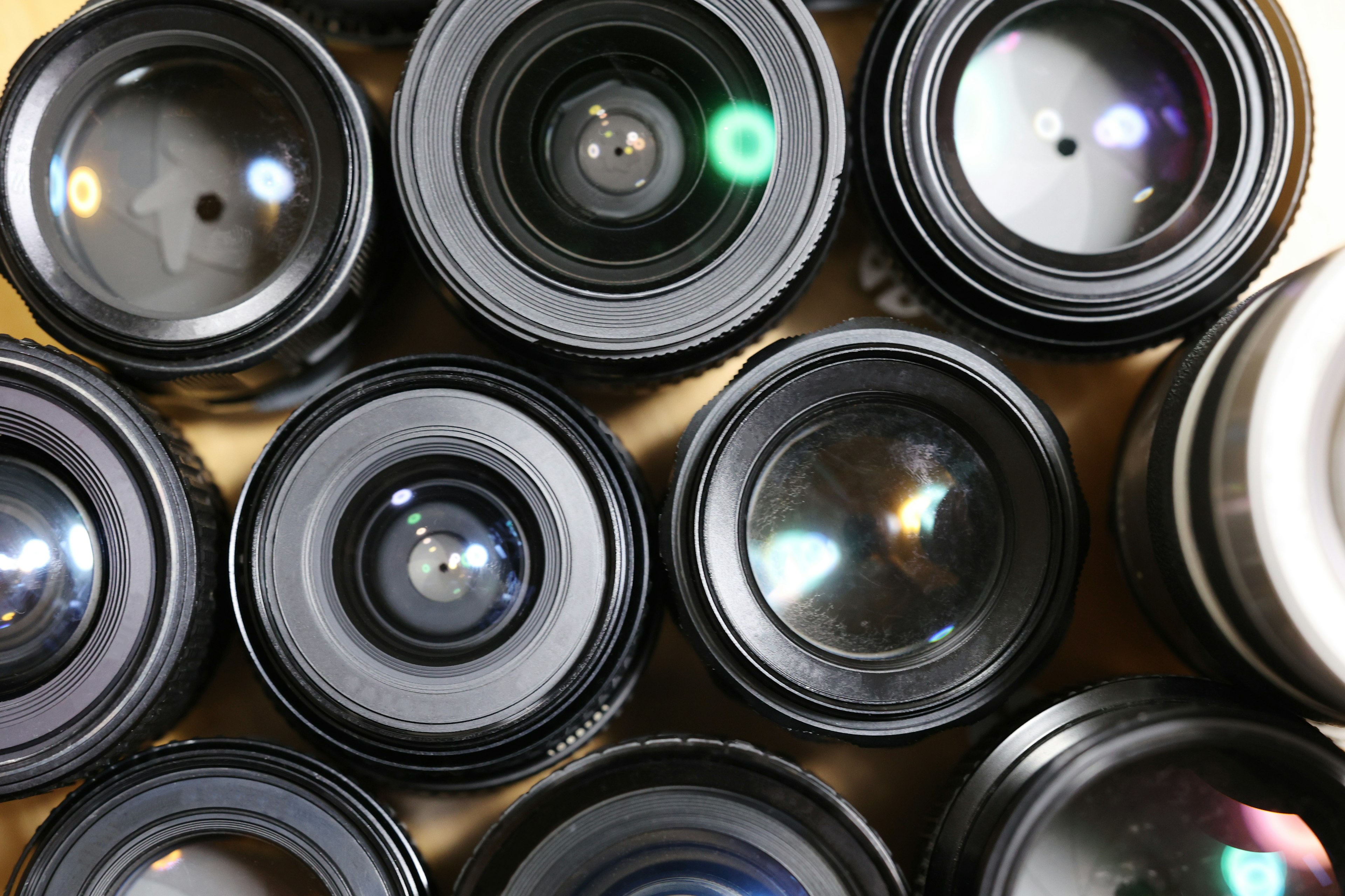 Close-up of multiple camera lenses arranged together