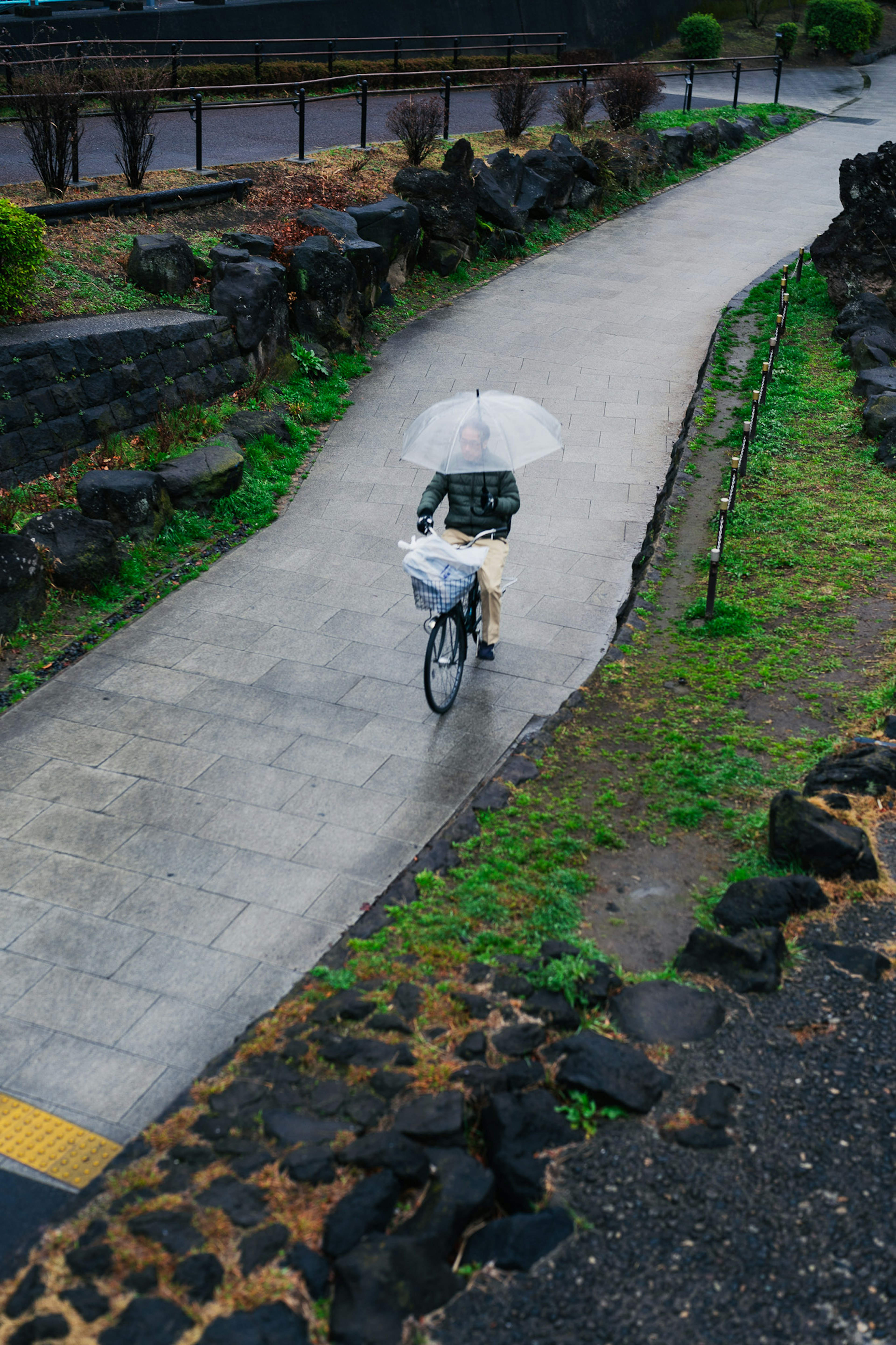 A person riding a bicycle with an umbrella on a wet paved path surrounded by greenery