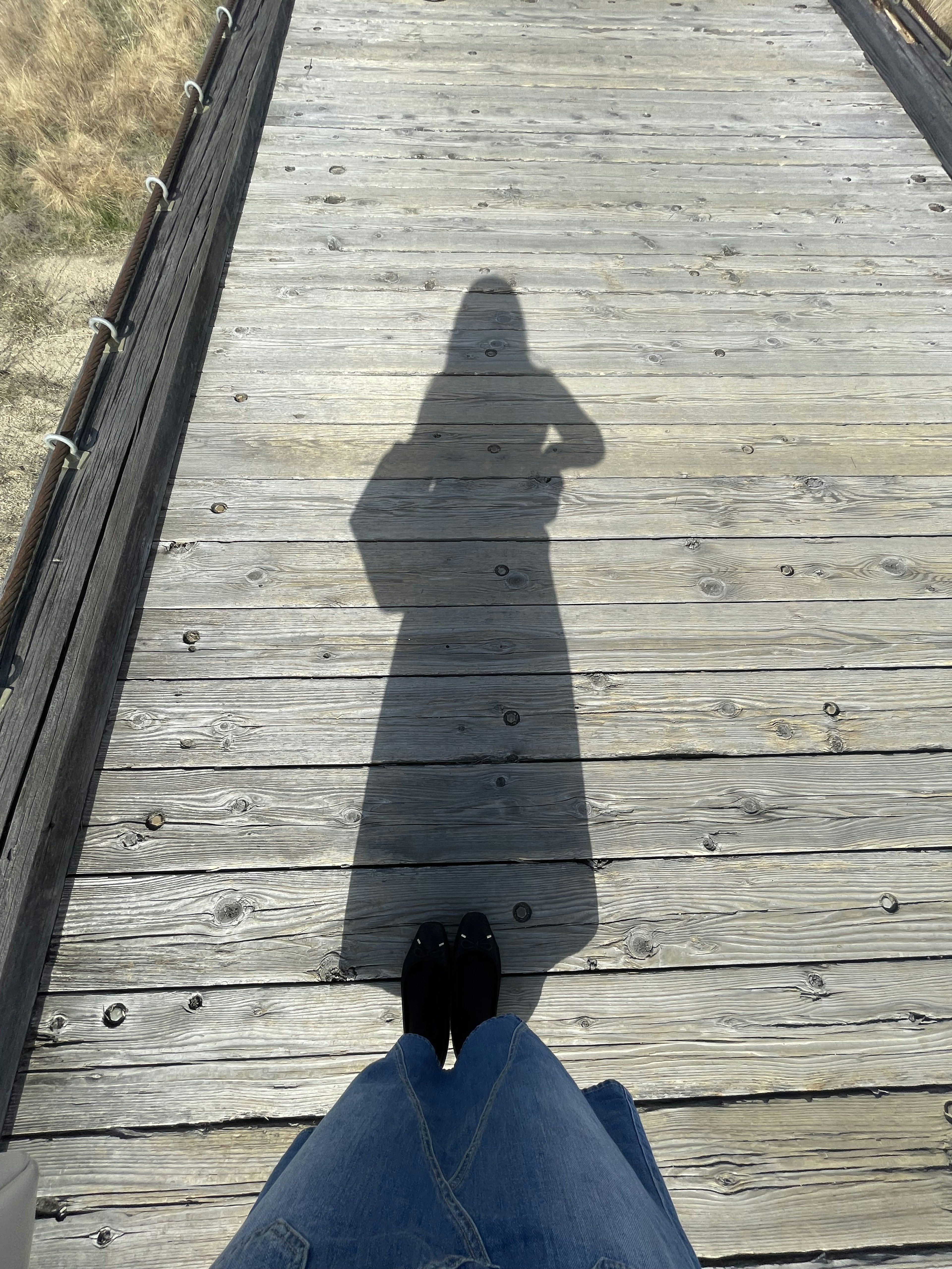 Une longue ombre d'une personne se tenant sur un pont en bois