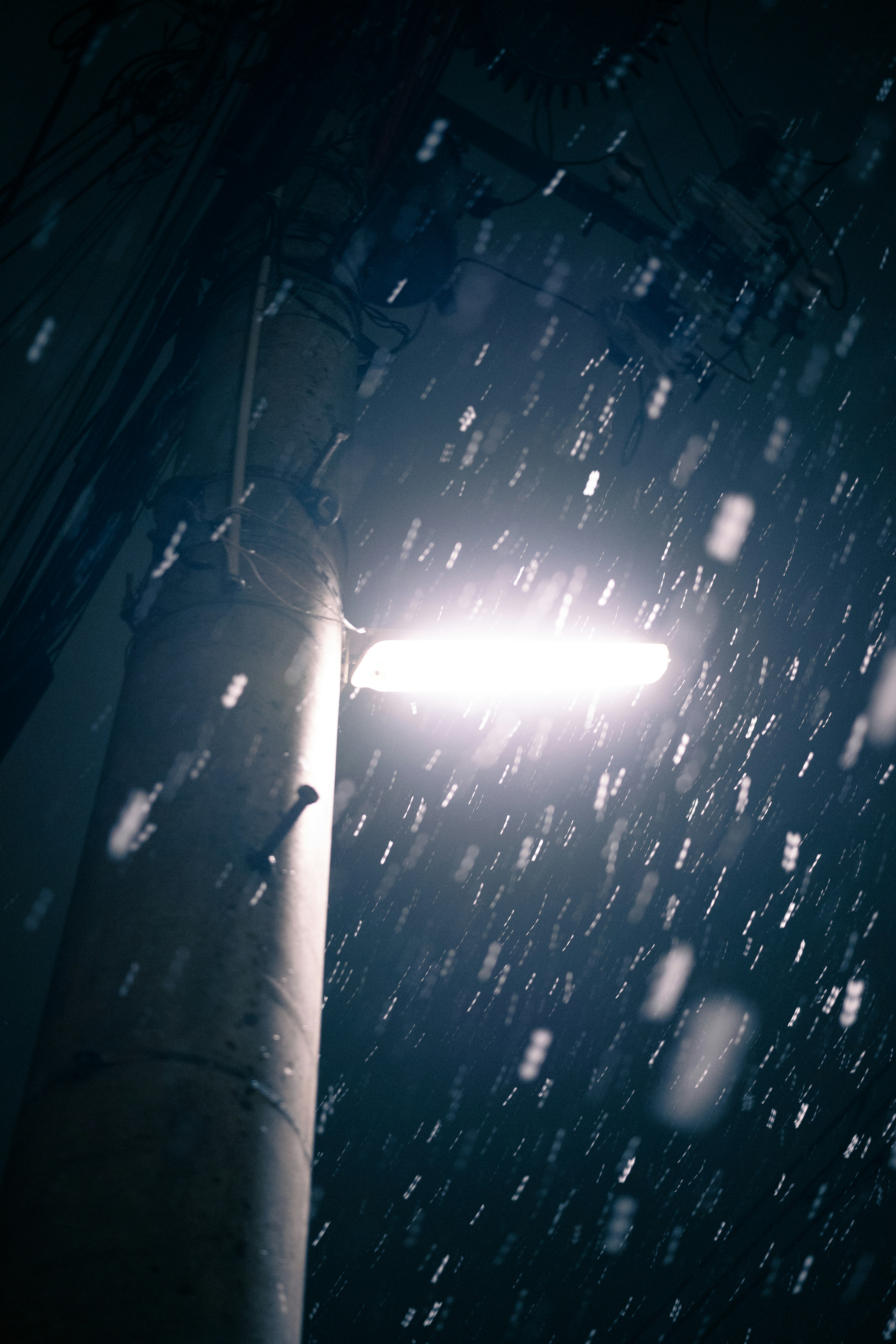 Streetlight illuminating falling snow at night