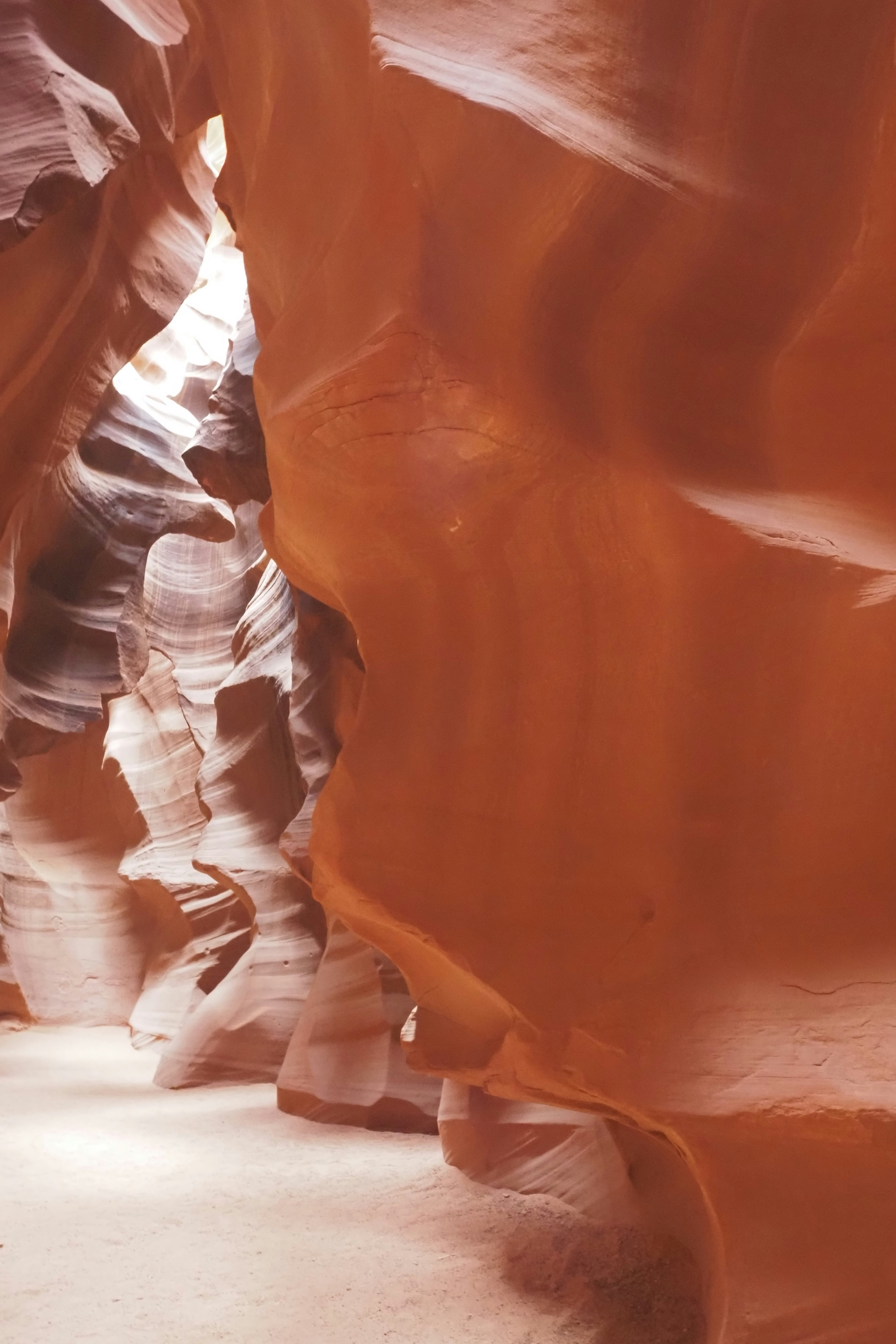 Interno di un canyon stretto con formazioni rocciose rosse e luce che filtra