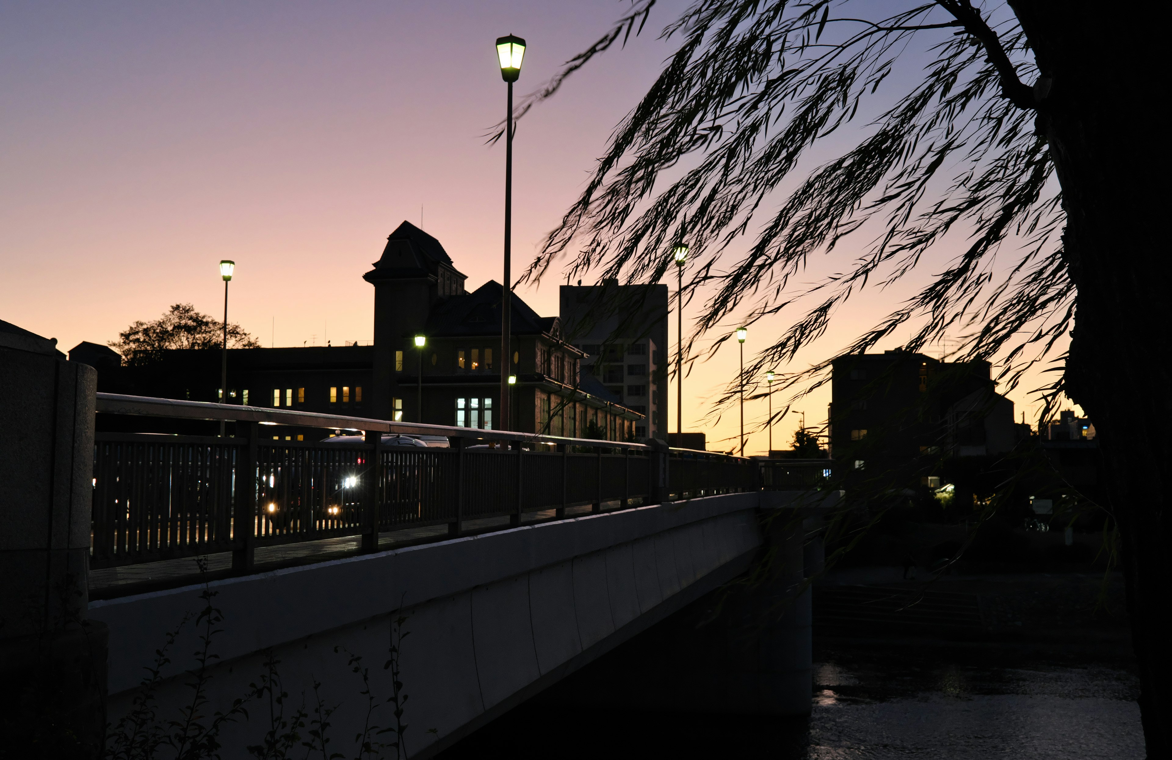 夕暮れ時の橋と都市のシルエットを背景にした風景