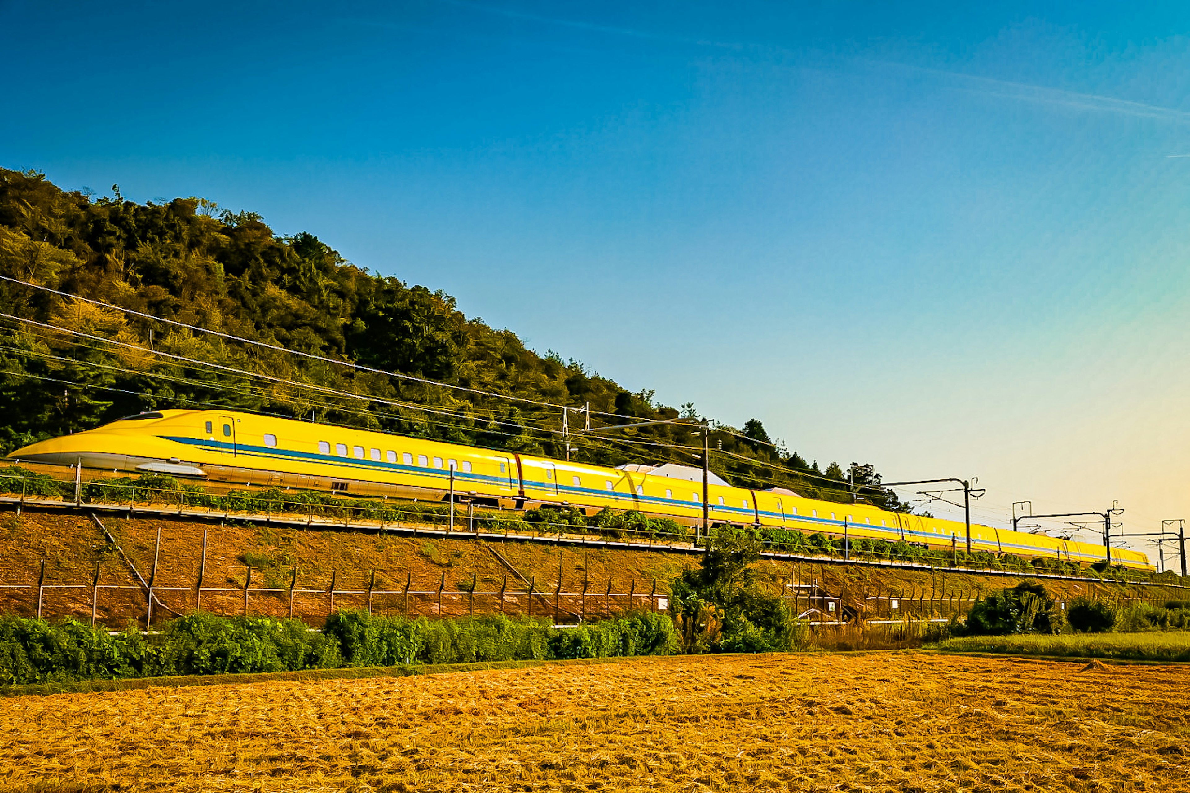 Shinkansen jaune circulant le long d'une colline sous un ciel bleu clair