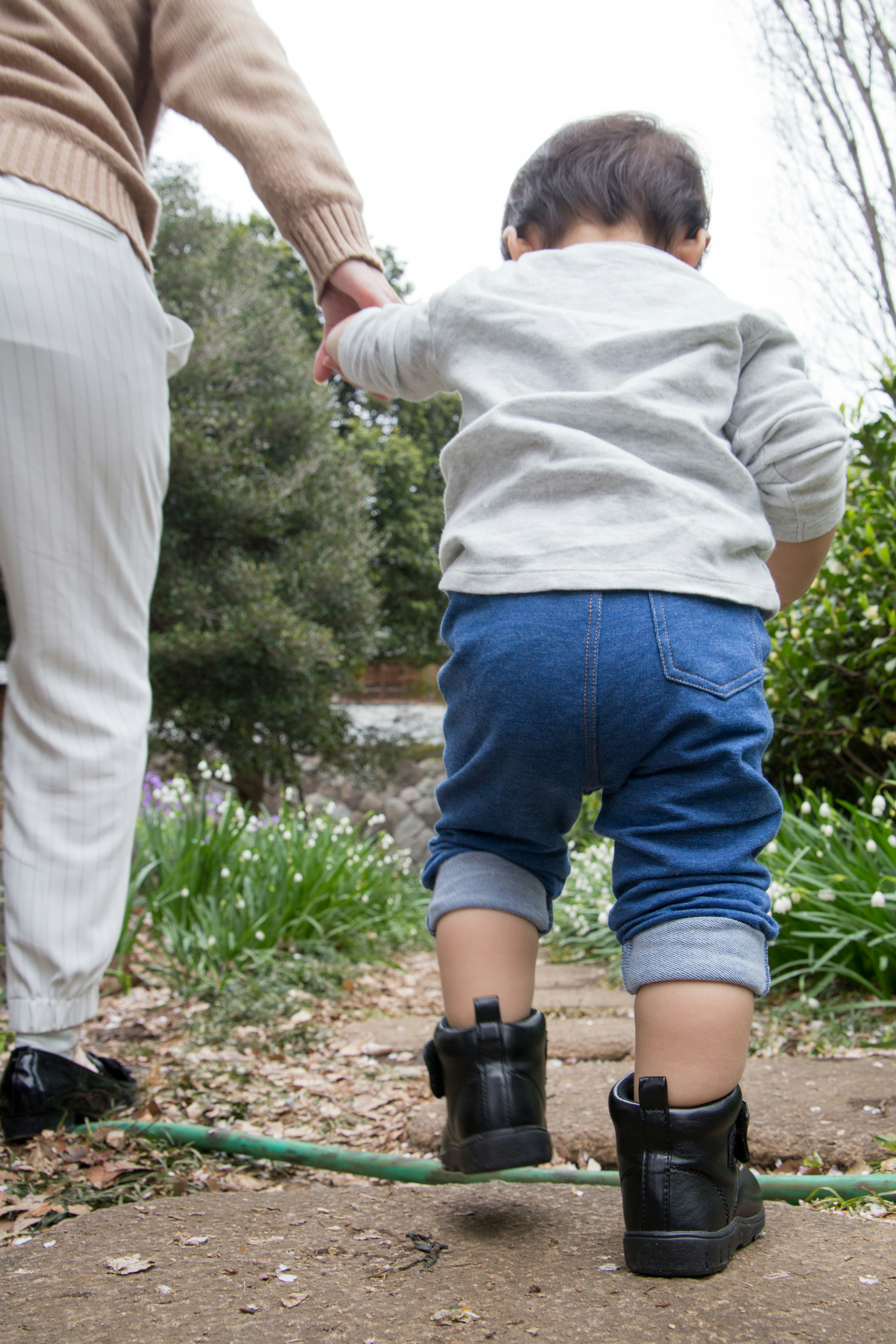 A child holding an adult's hand while walking Green grass and trees in the background