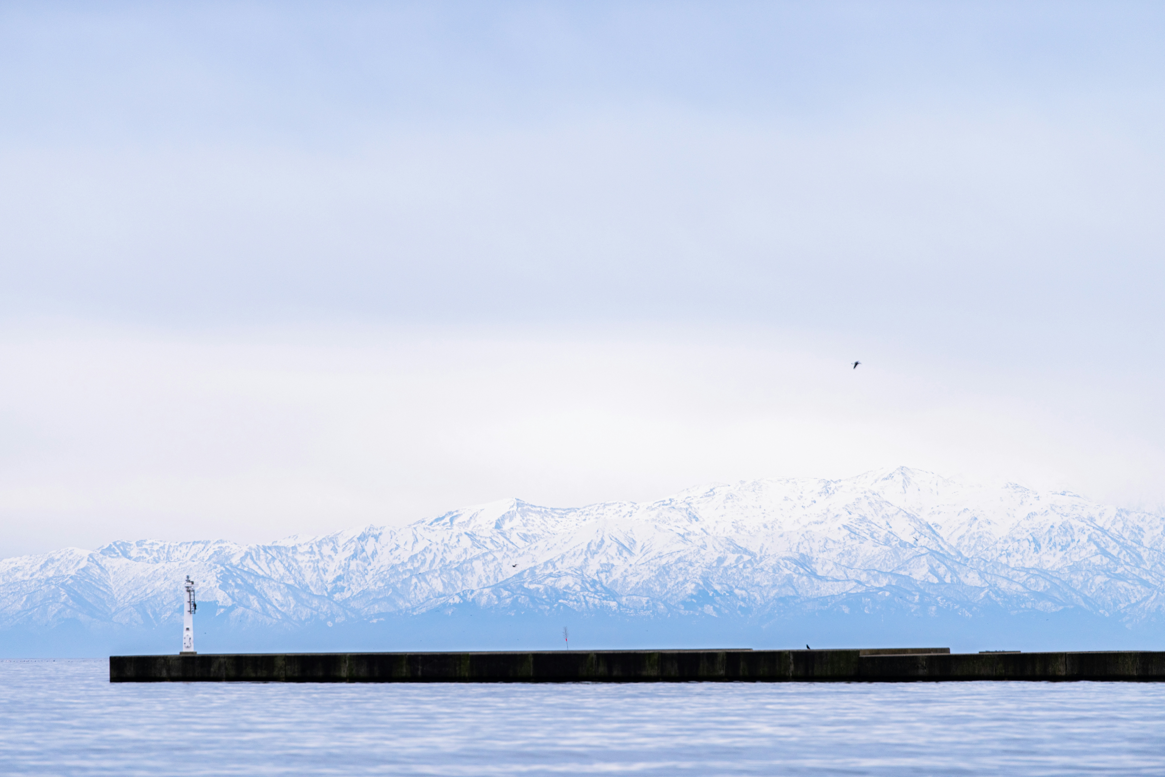 雪に覆われた山々と静かな海の風景にある桟橋