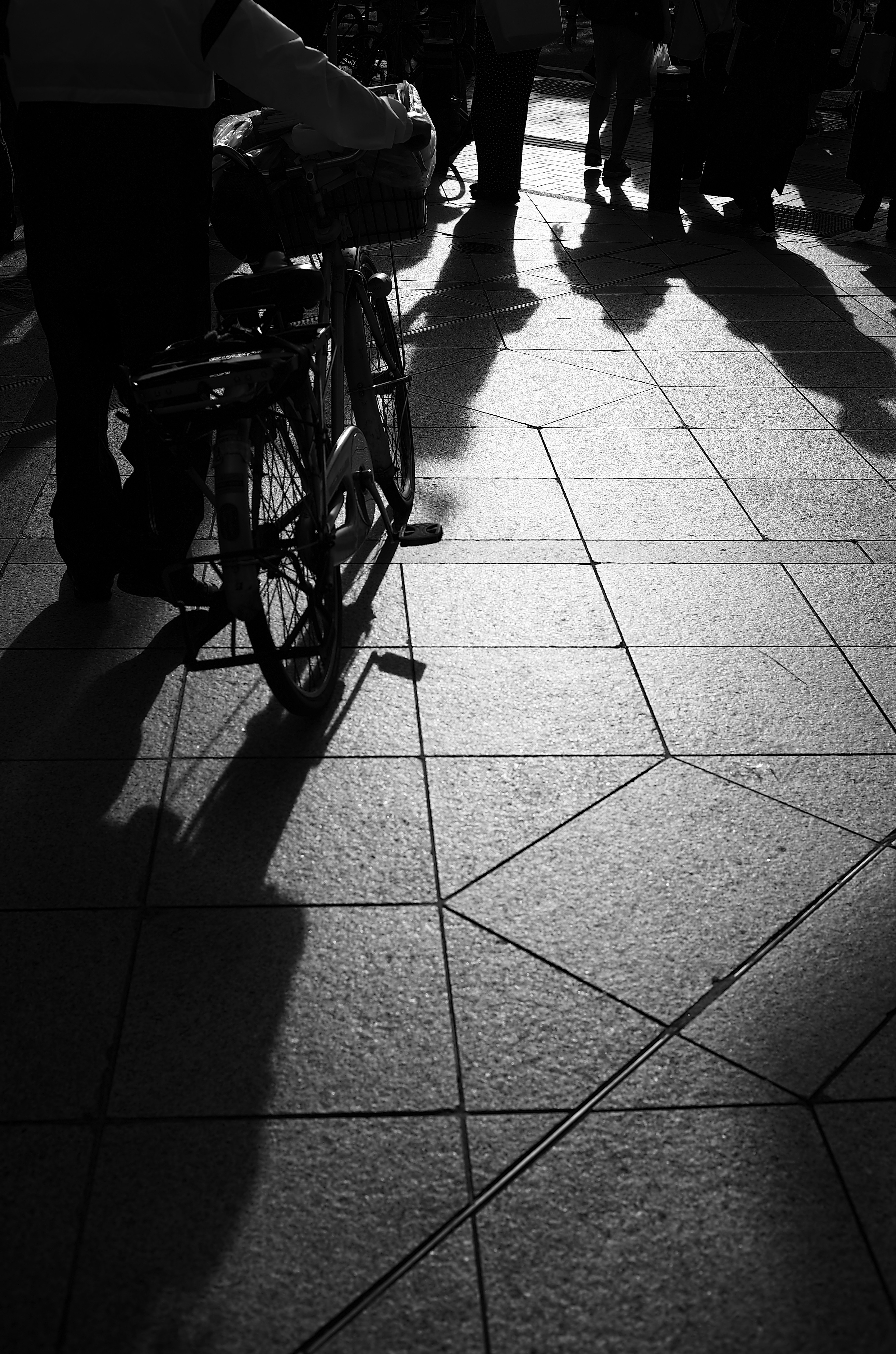 Black and white street scene featuring a bicycle and people's shadows