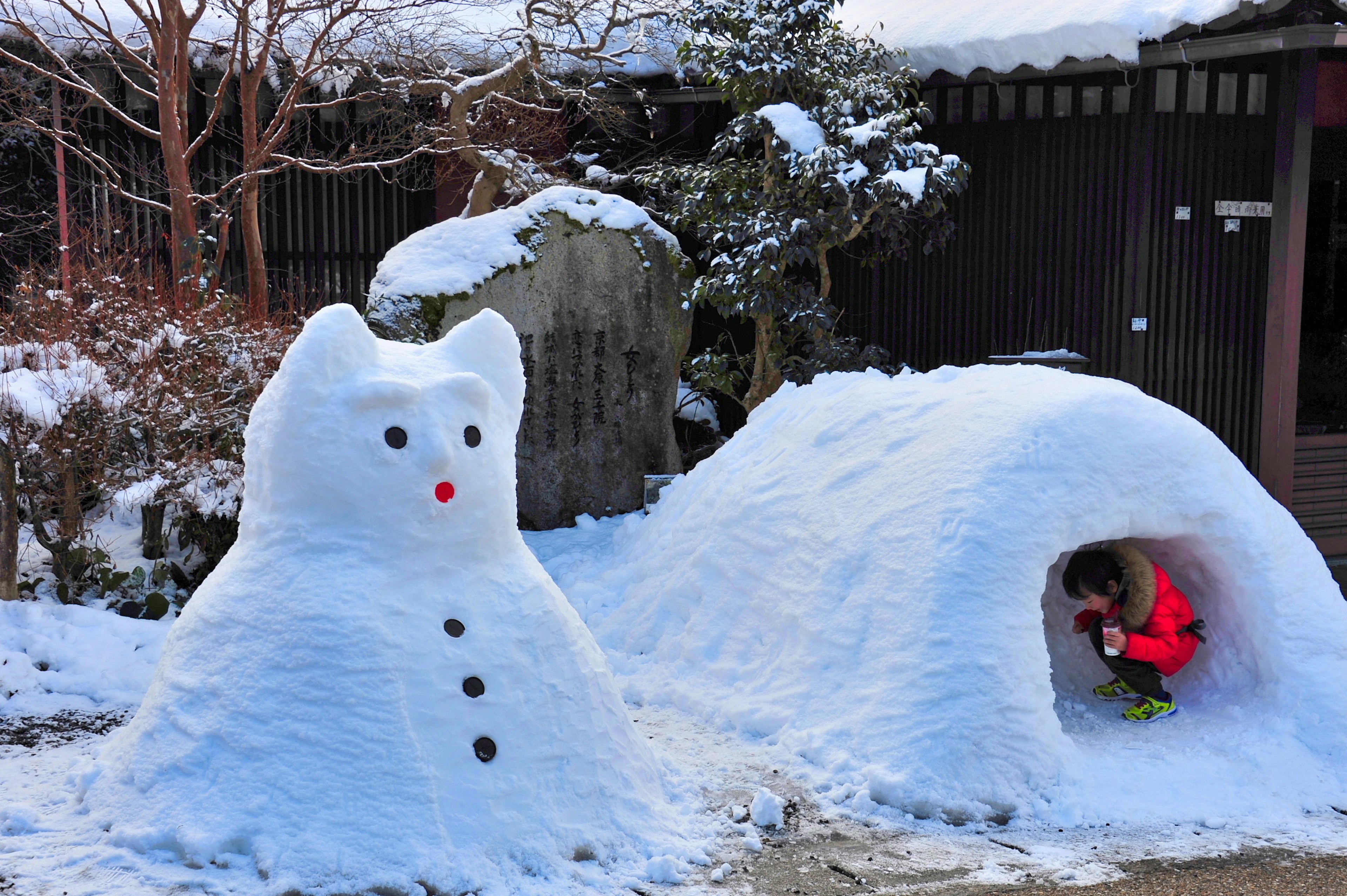 Sculpture en neige en forme de chat à côté d'un igloo avec un enfant à l'intérieur