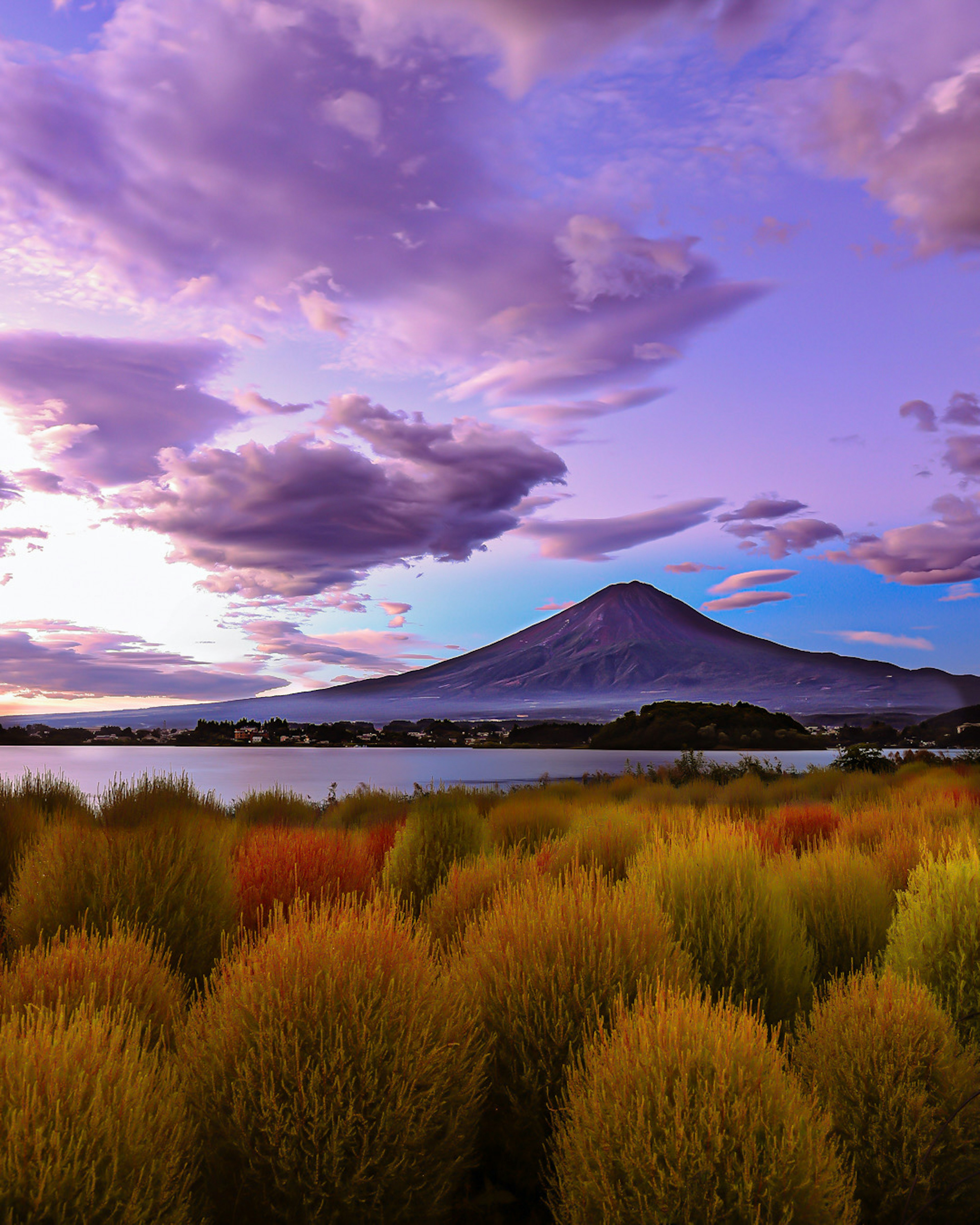 Vista escénica de un cielo colorido al atardecer con montañas y hierba vibrante en primer plano