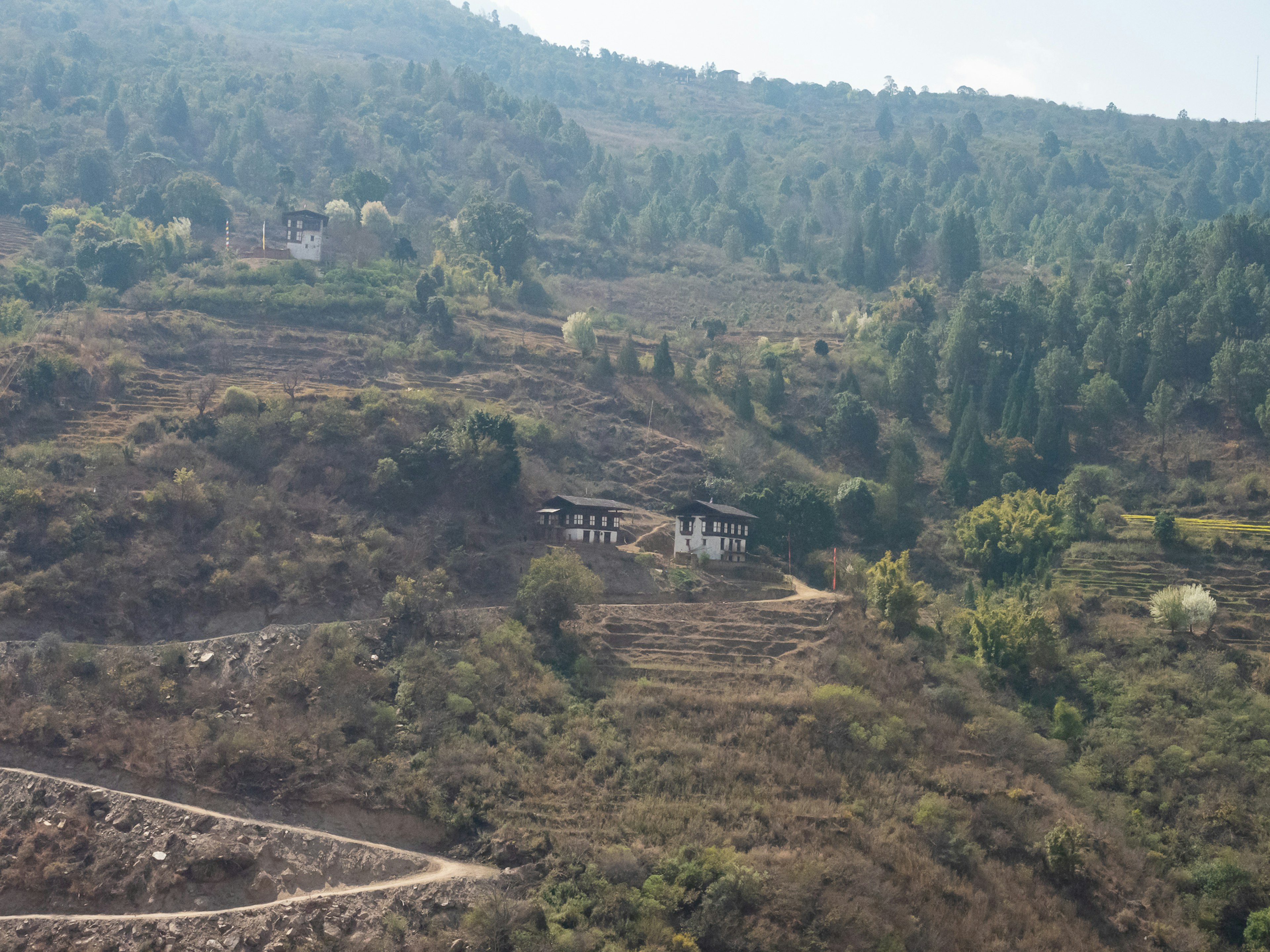 Scenic view of a village nestled in the mountains with green trees