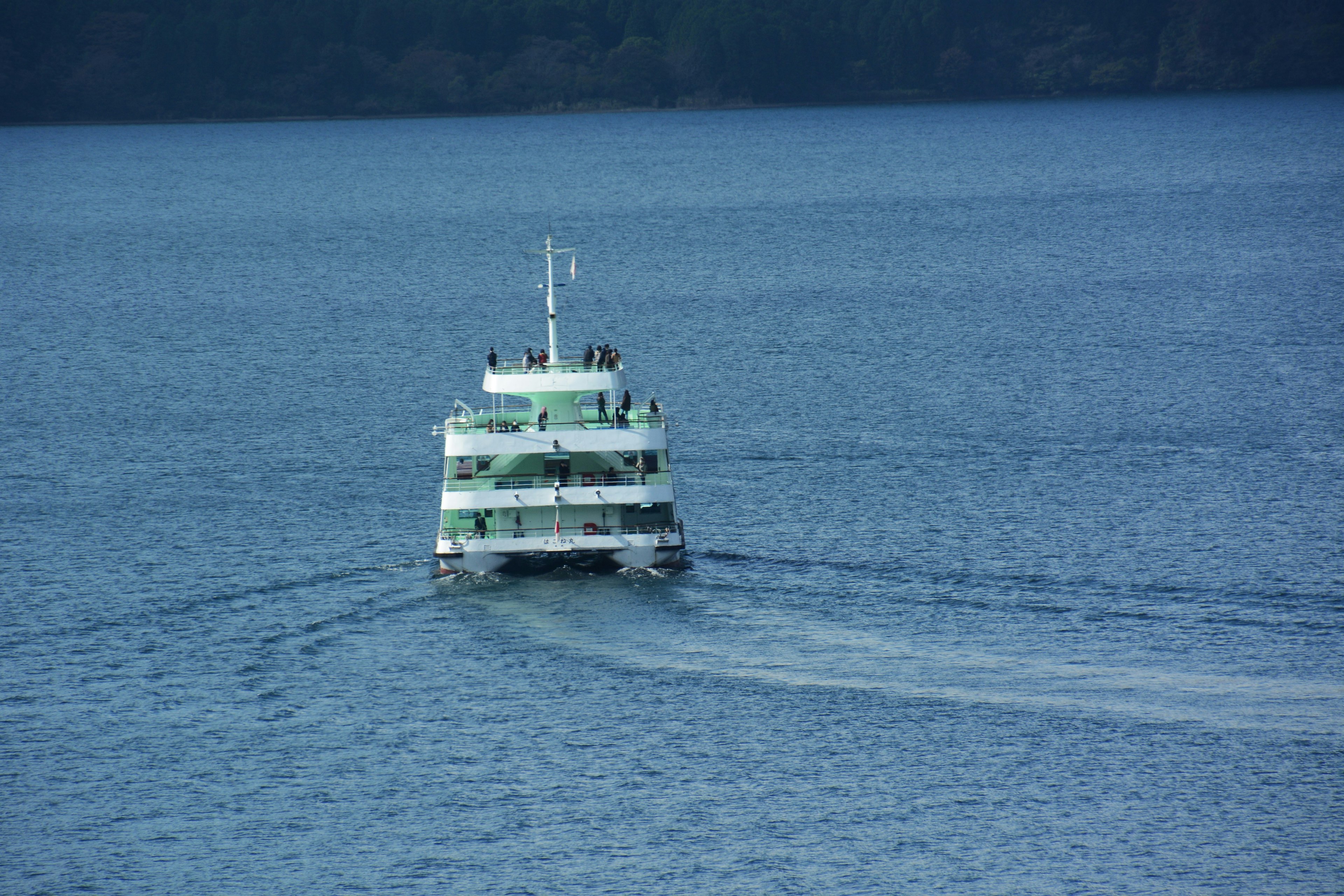 Ferry hijau bergerak di atas air biru