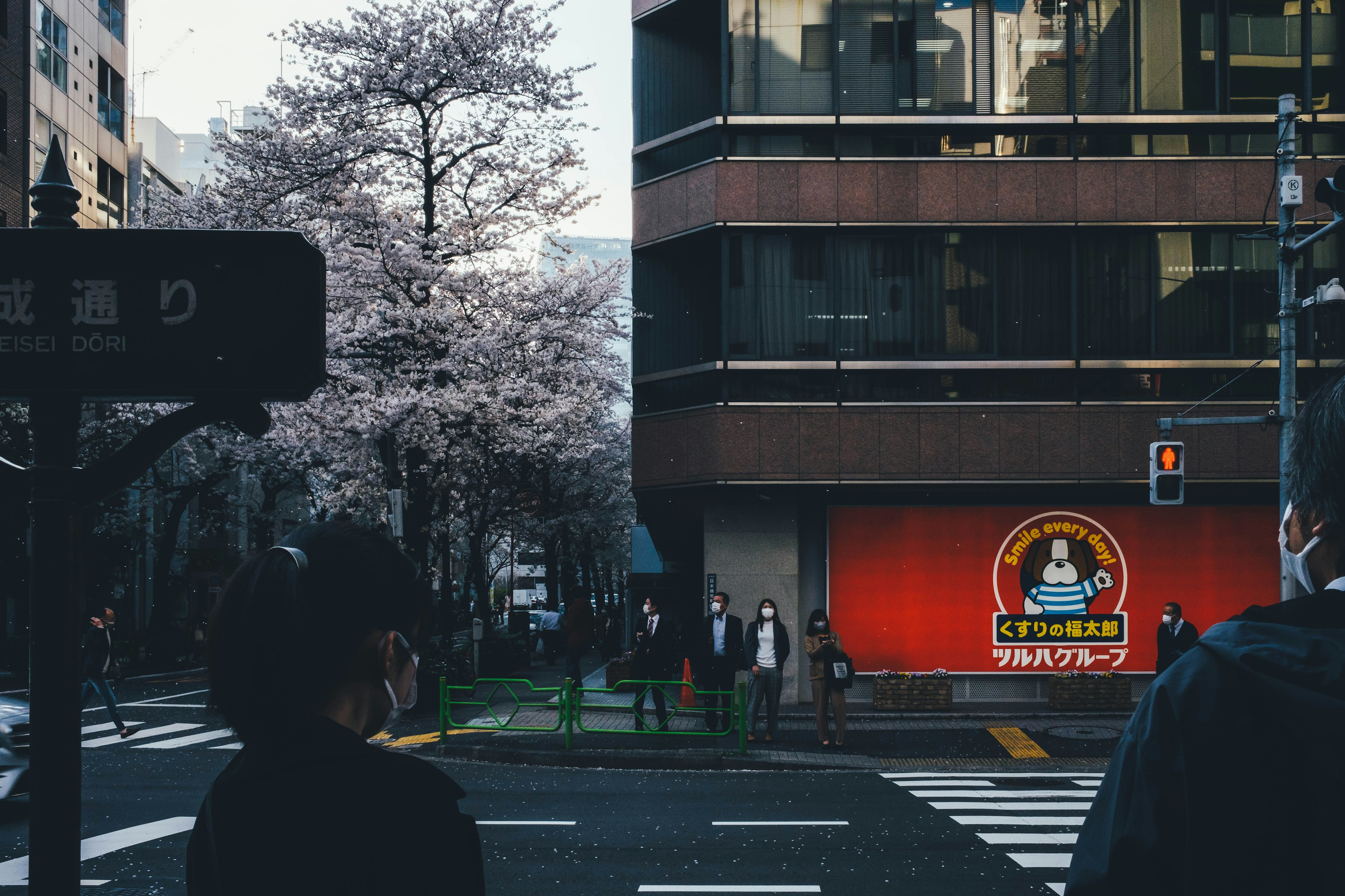 桜の木とビルの前に立つ人々の風景