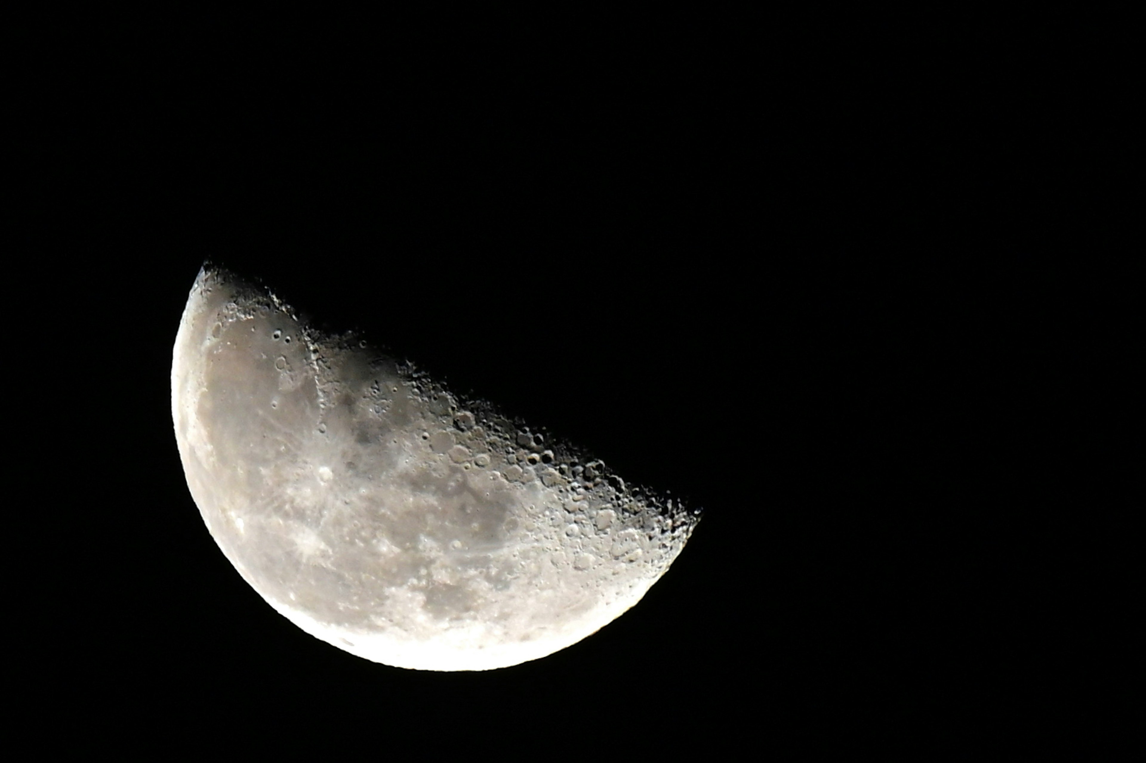 Half moon with bright and dark areas visible against the night sky