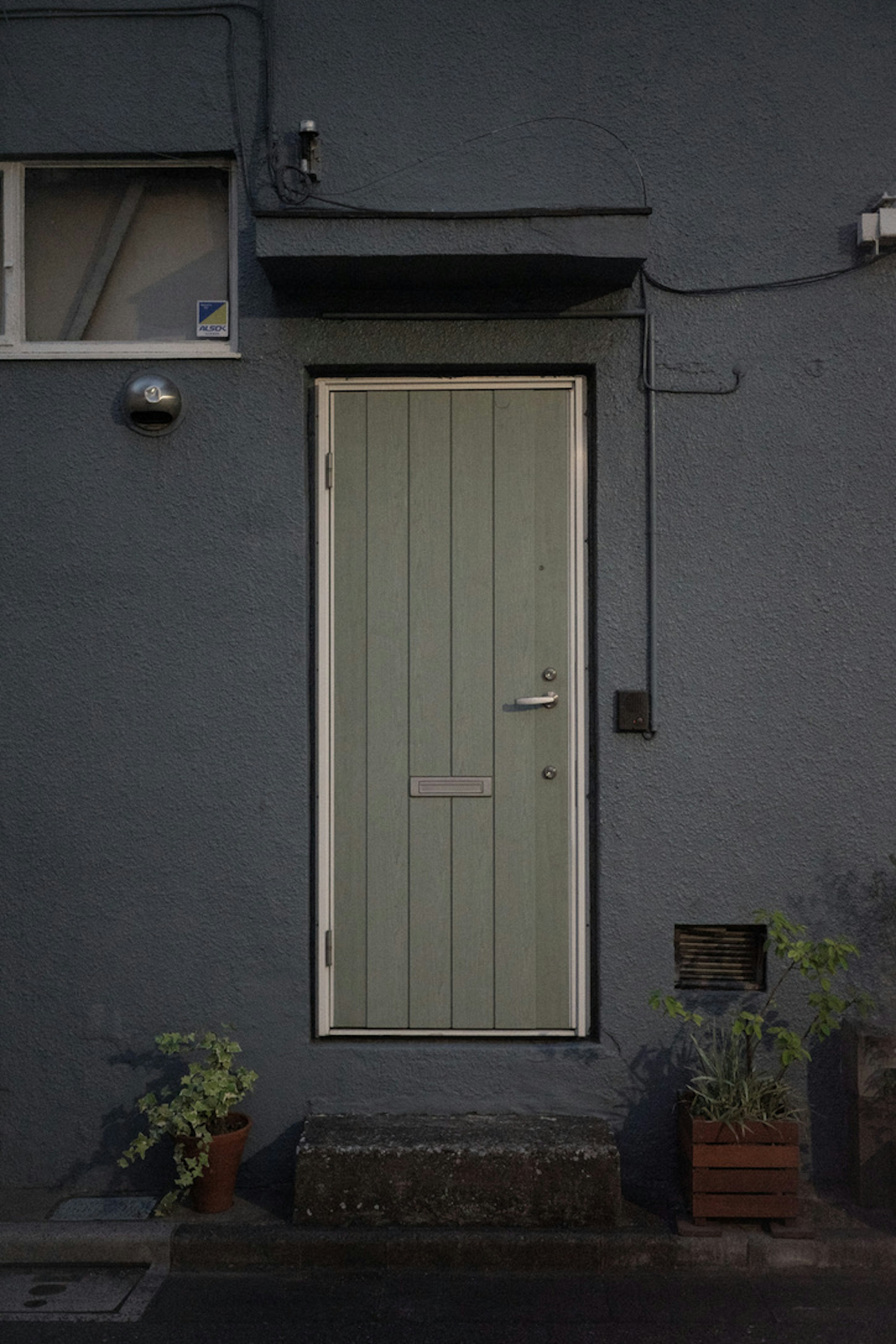 Puerta verde pálido en una pared gris con plantas en maceta en la base