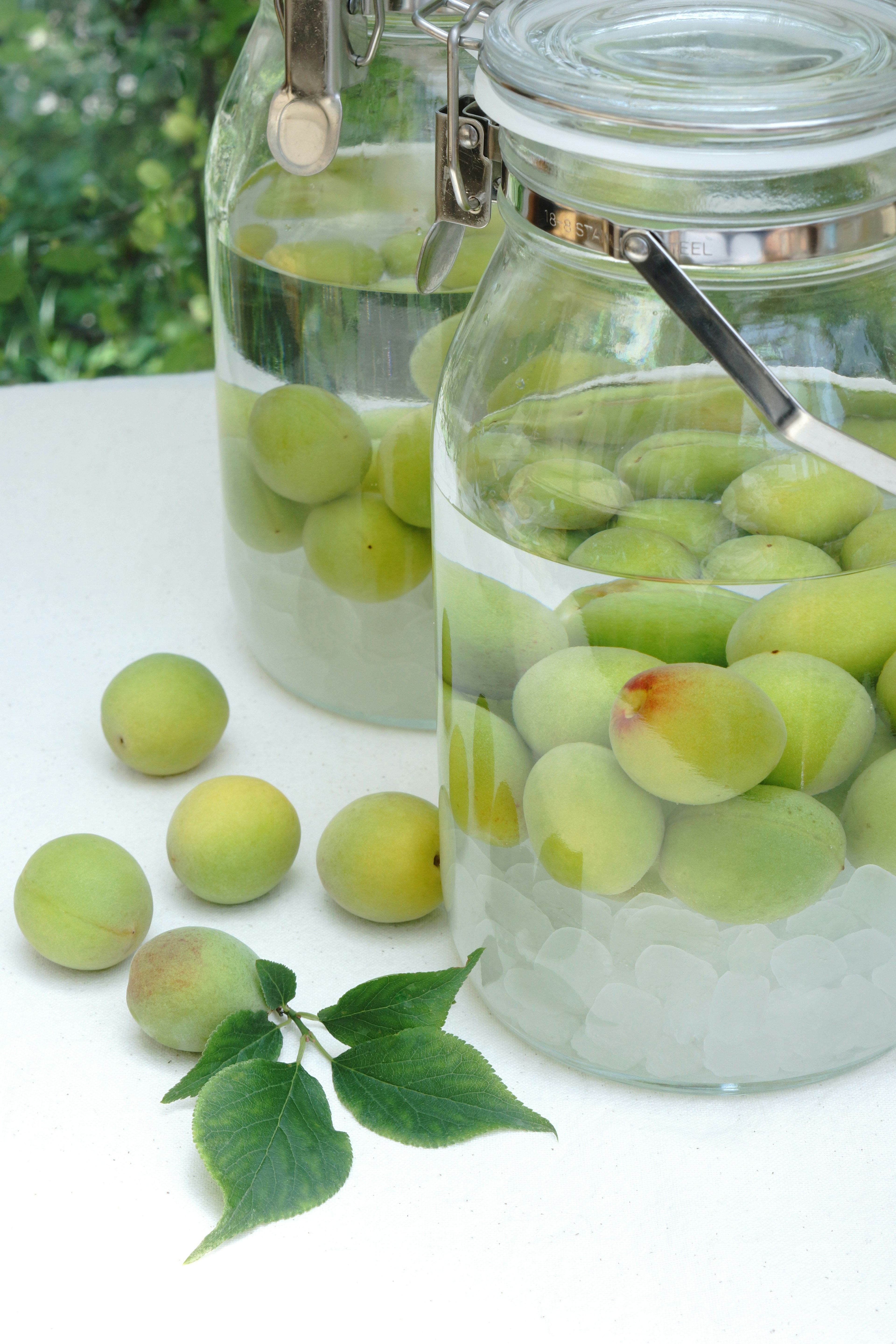 Gläser mit grünen Ume-Pflaumen, die in Wasser eingelegt sind