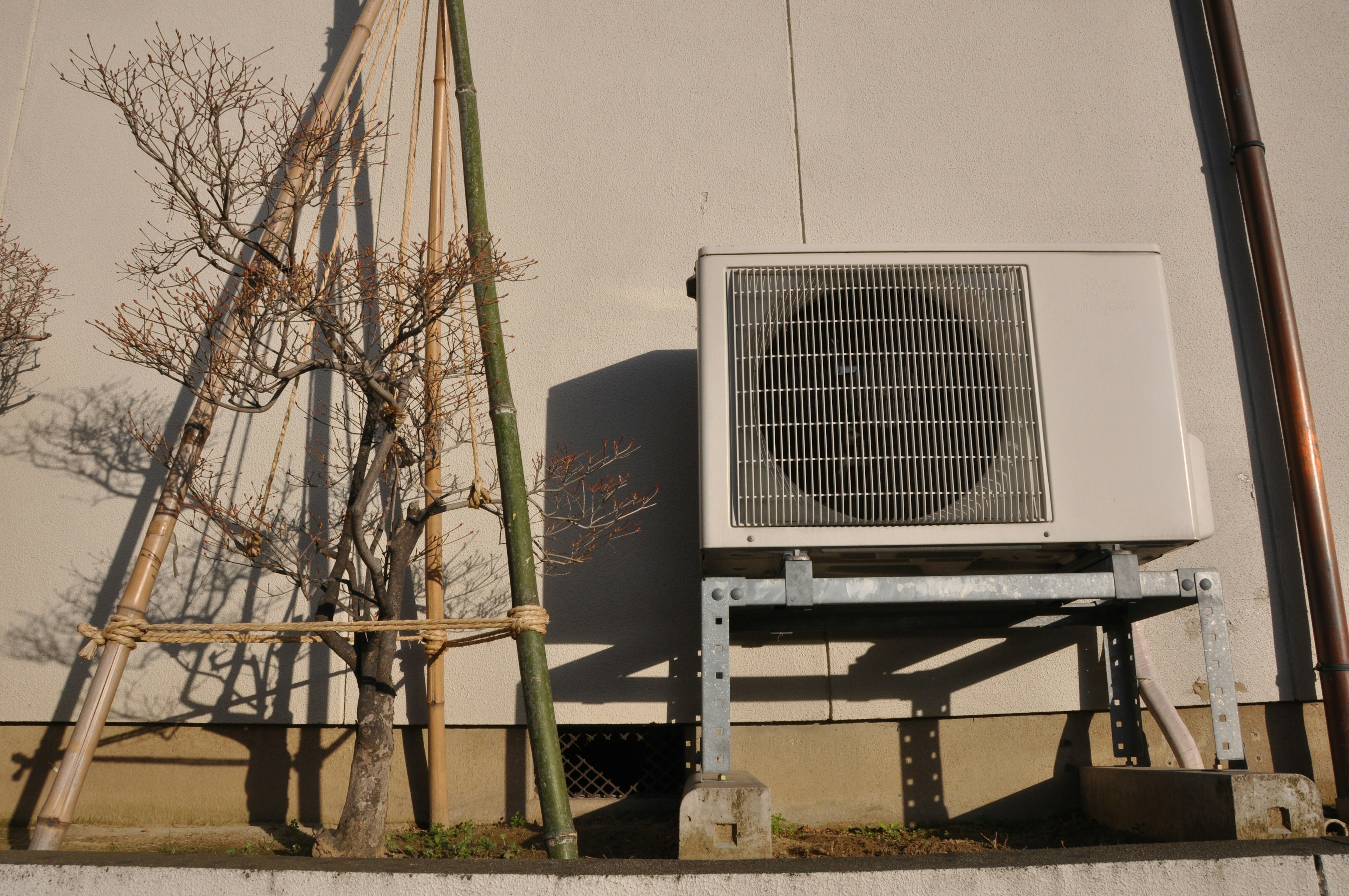 Air conditioning unit mounted on a wall with a supporting tree