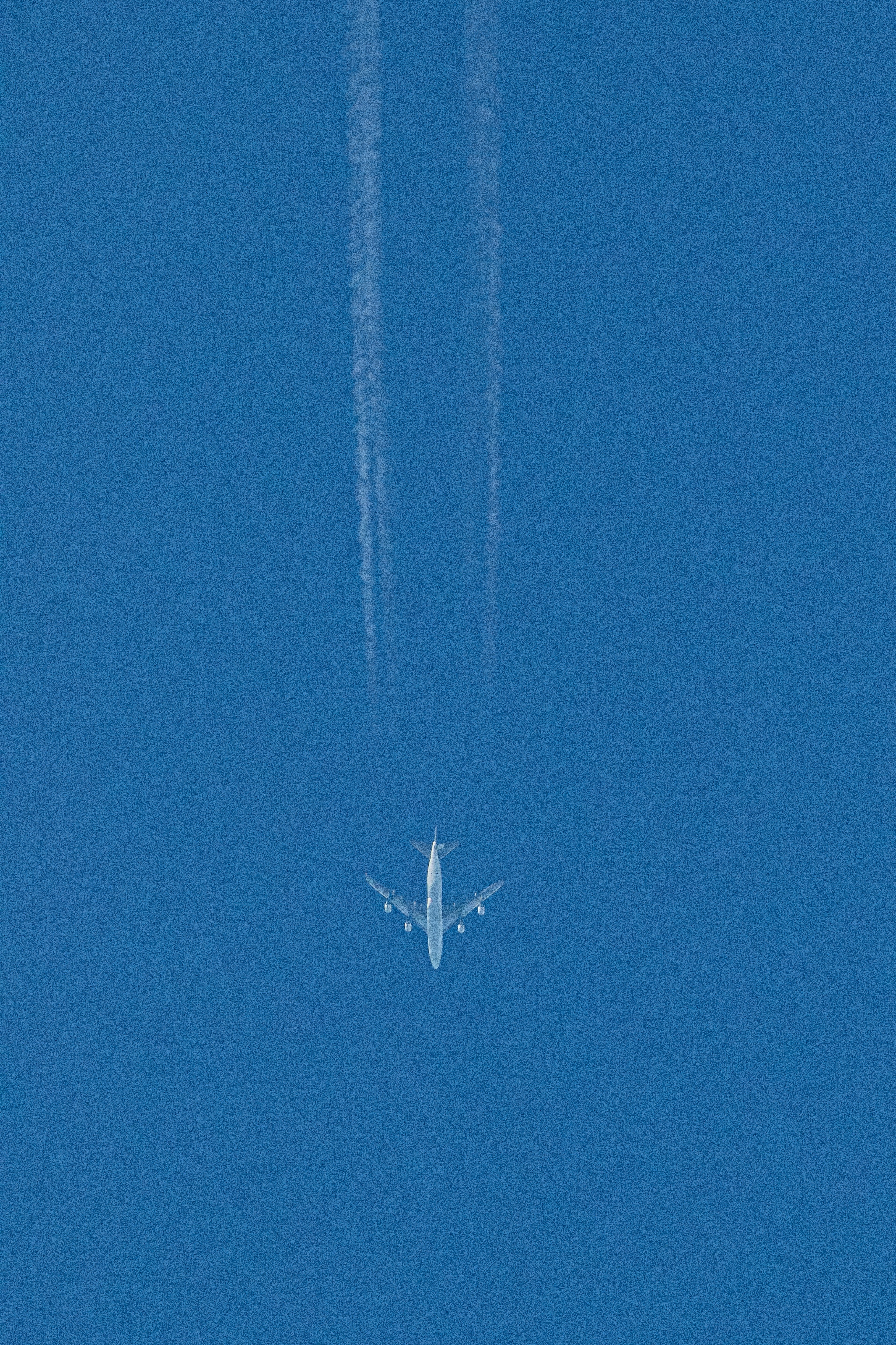 青空に飛ぶ旅客機の上昇中の姿と尾を引く飛行機雲