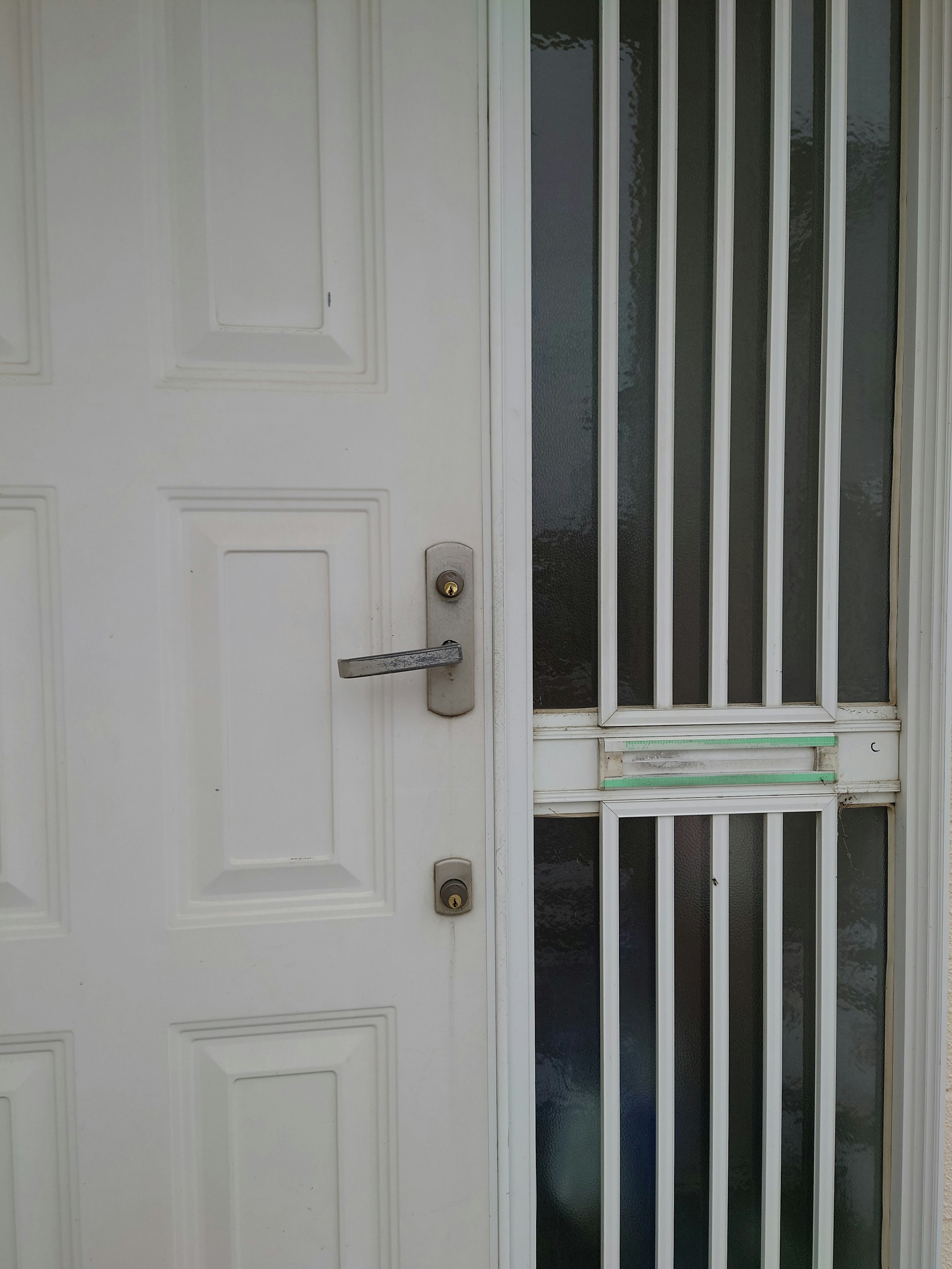 Image of a white door with a metallic door handle and vertical bars