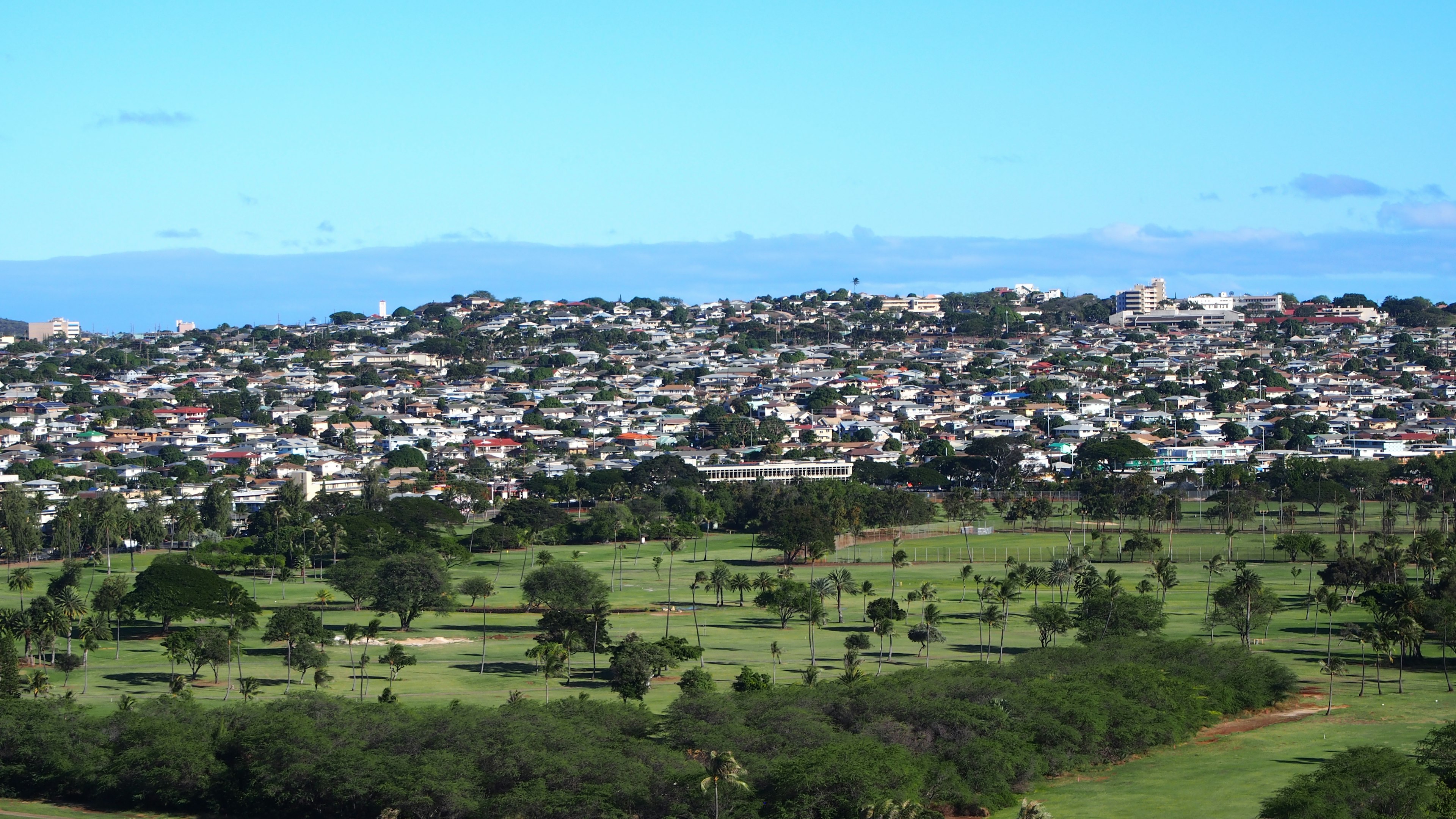 一幅绿色田野和密集住宅区的全景