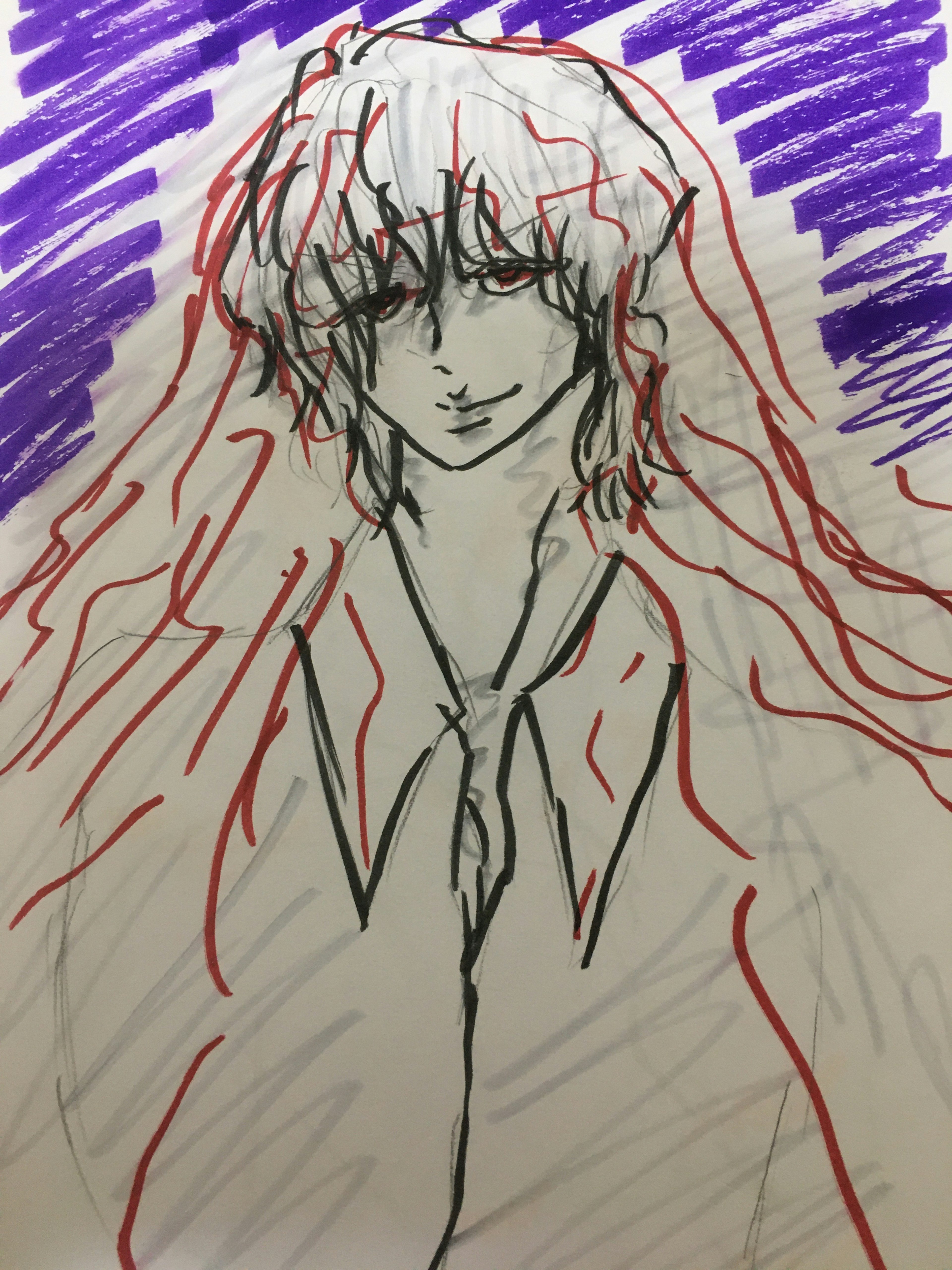 Illustrazione di un personaggio con capelli lunghi in un completo disegnato con linee rosse su uno sfondo a strisce viola