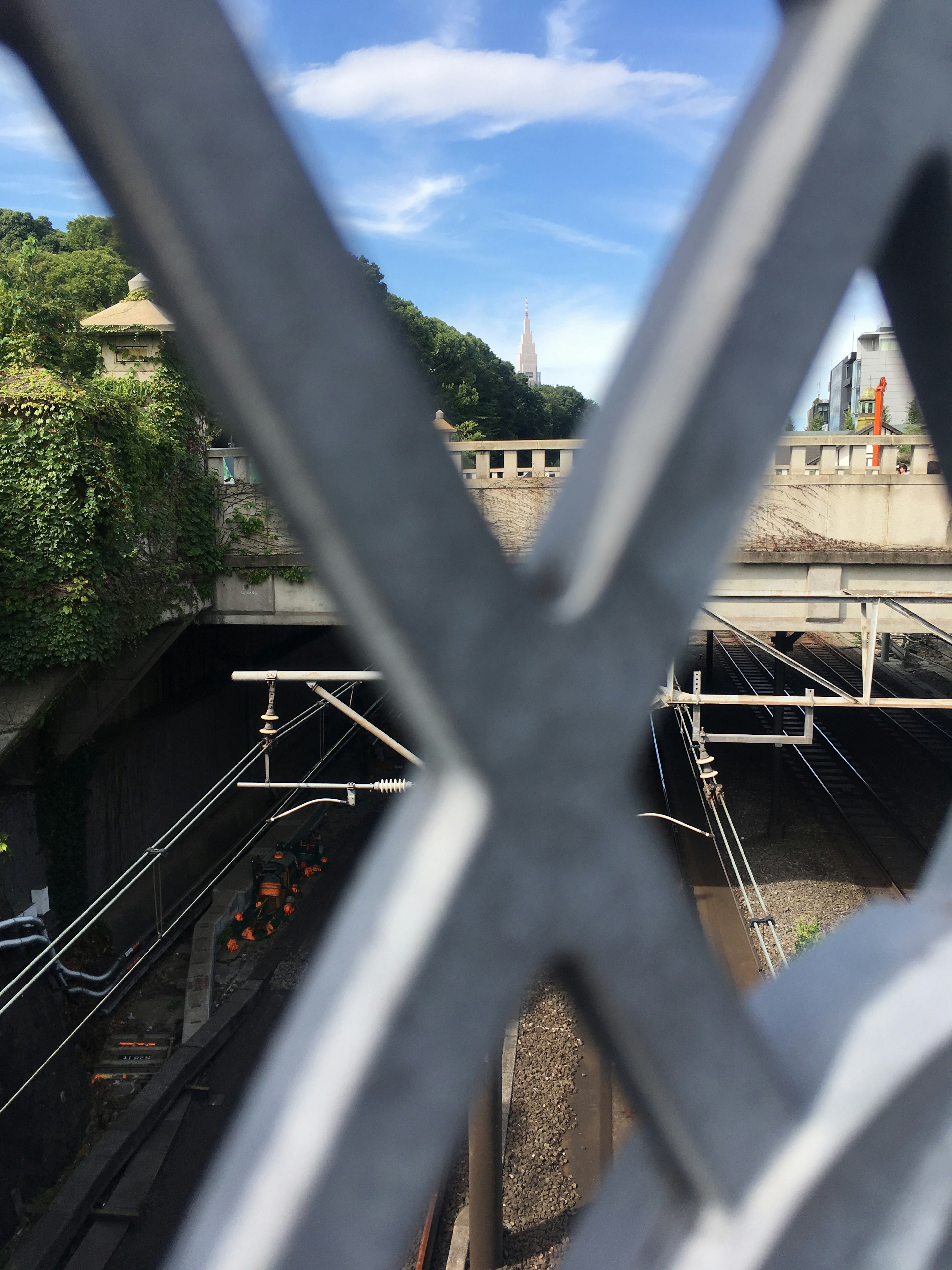 鉄道の線路が見える橋の金属製のフェンス越しの風景