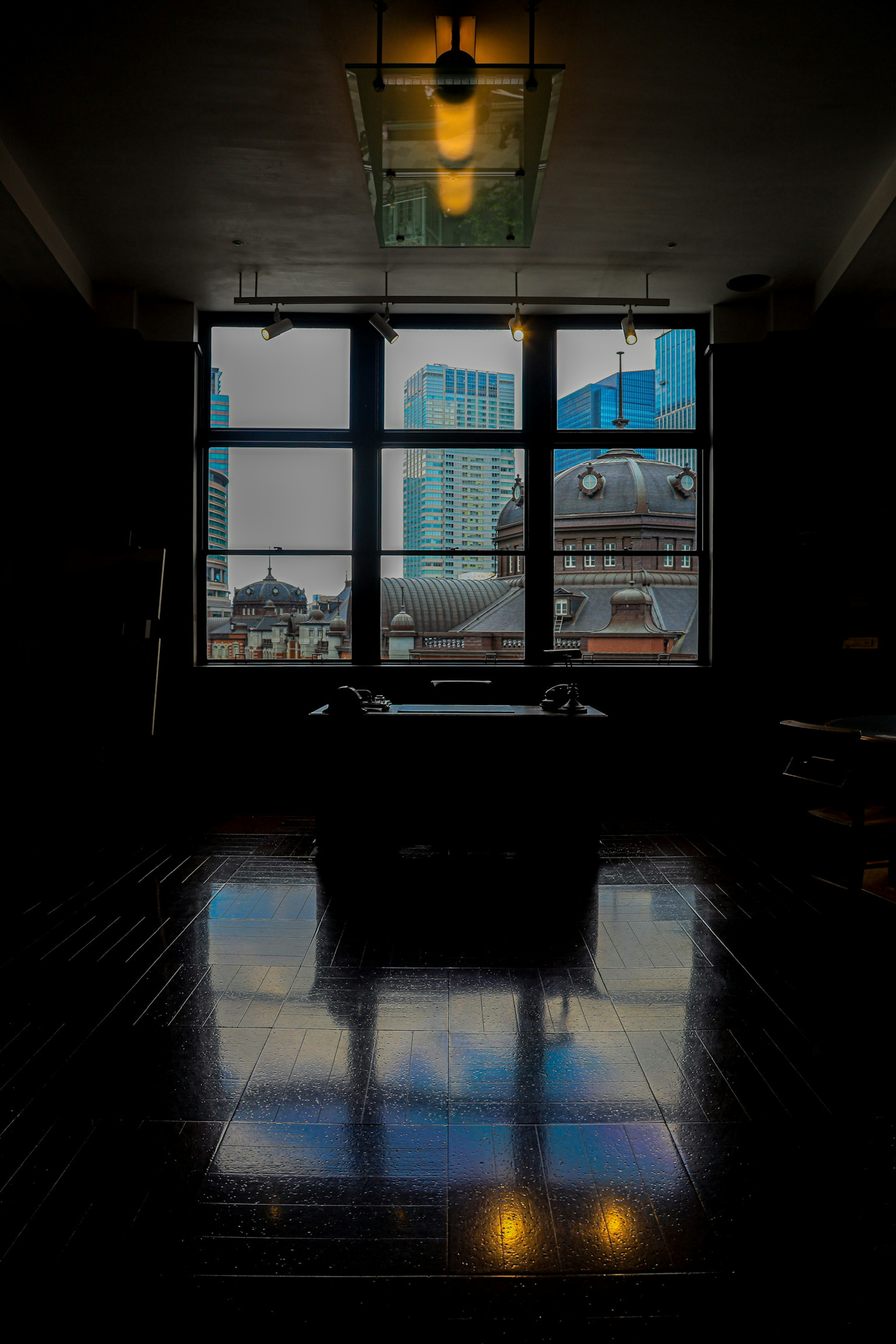 View from a dark room showing tall buildings and a historic roof through a large window