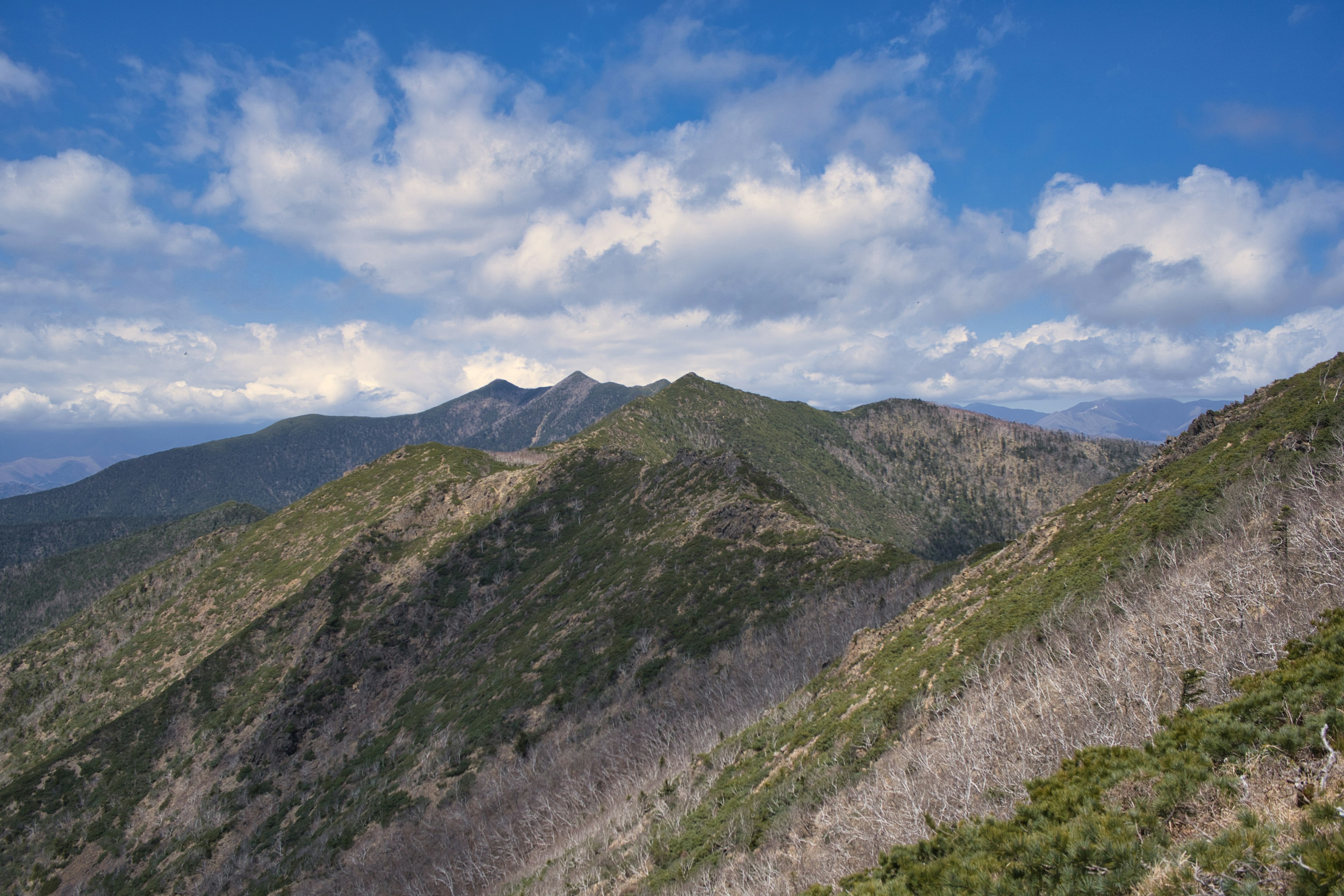 Catena montuosa maestosa con cielo blu pendii verdi e nuvole bianche