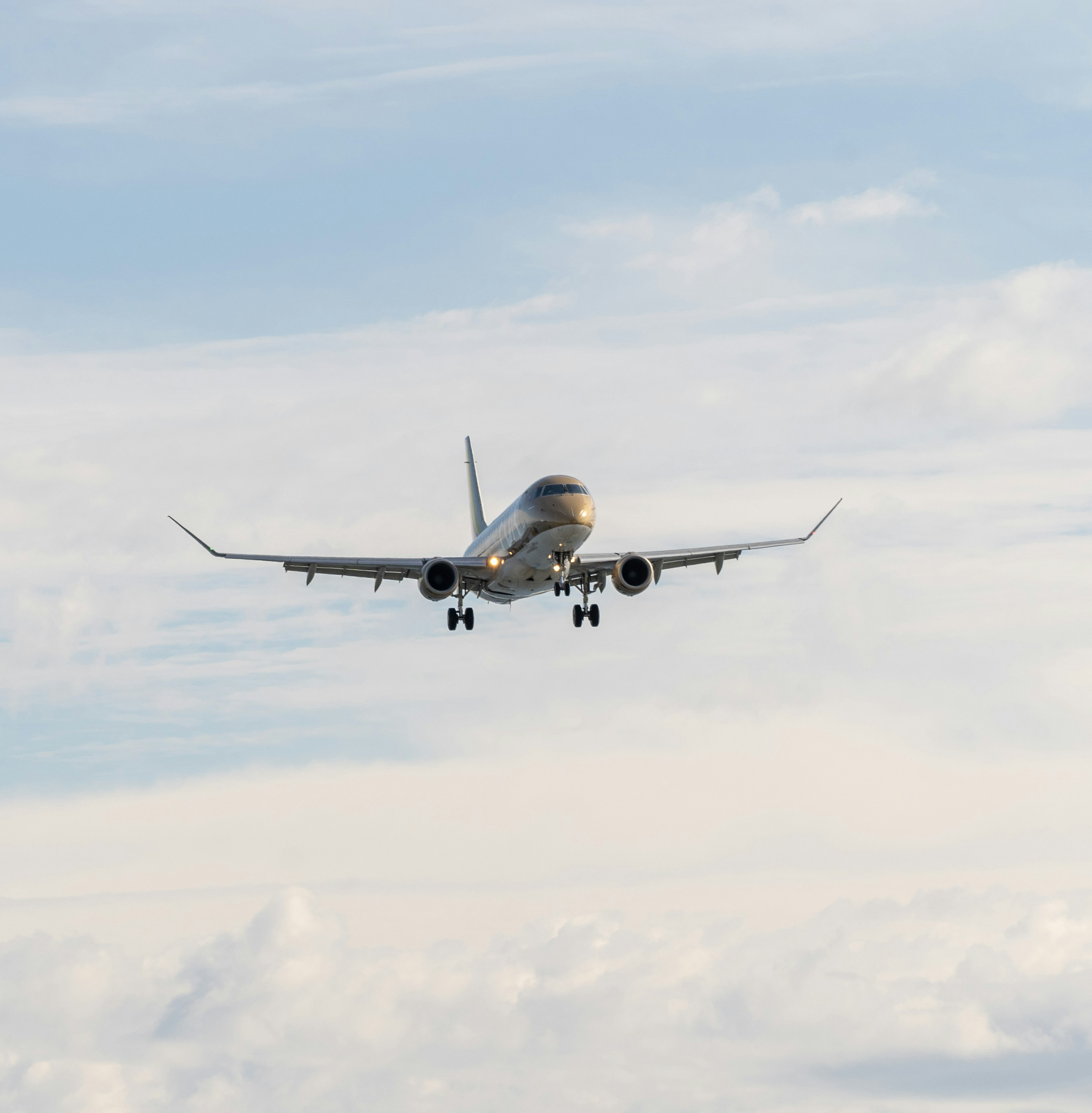 空を飛ぶ旅客機の後ろ姿が見える雲のある青い空