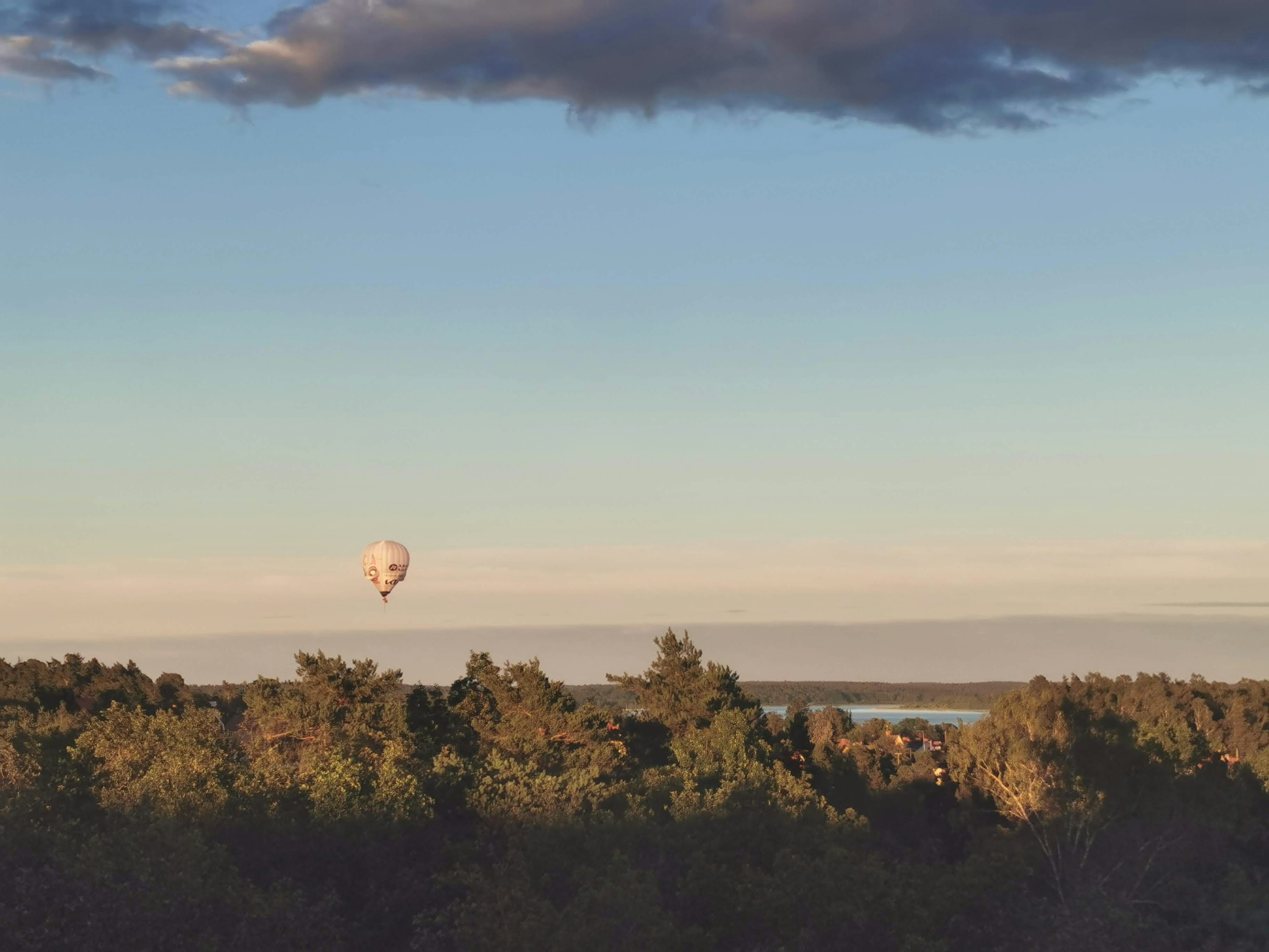 A hot air balloon floating in the sky above a forest landscape