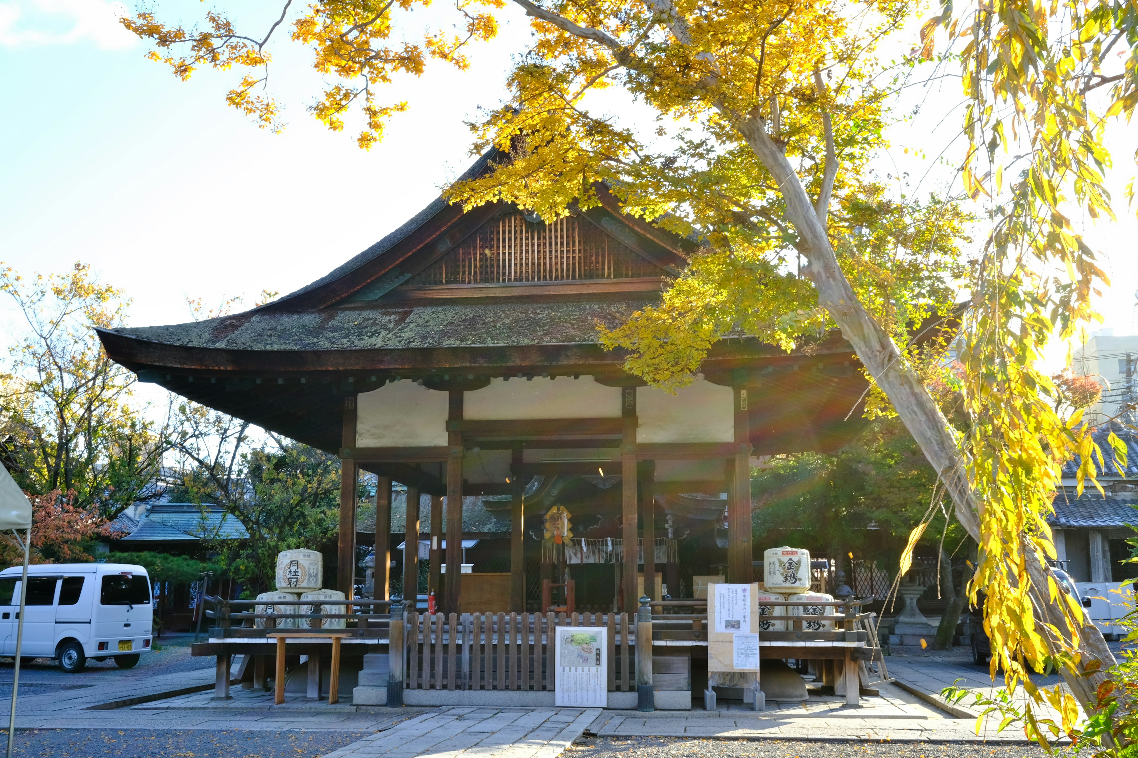 秋の葉が美しい日本の寺院の外観