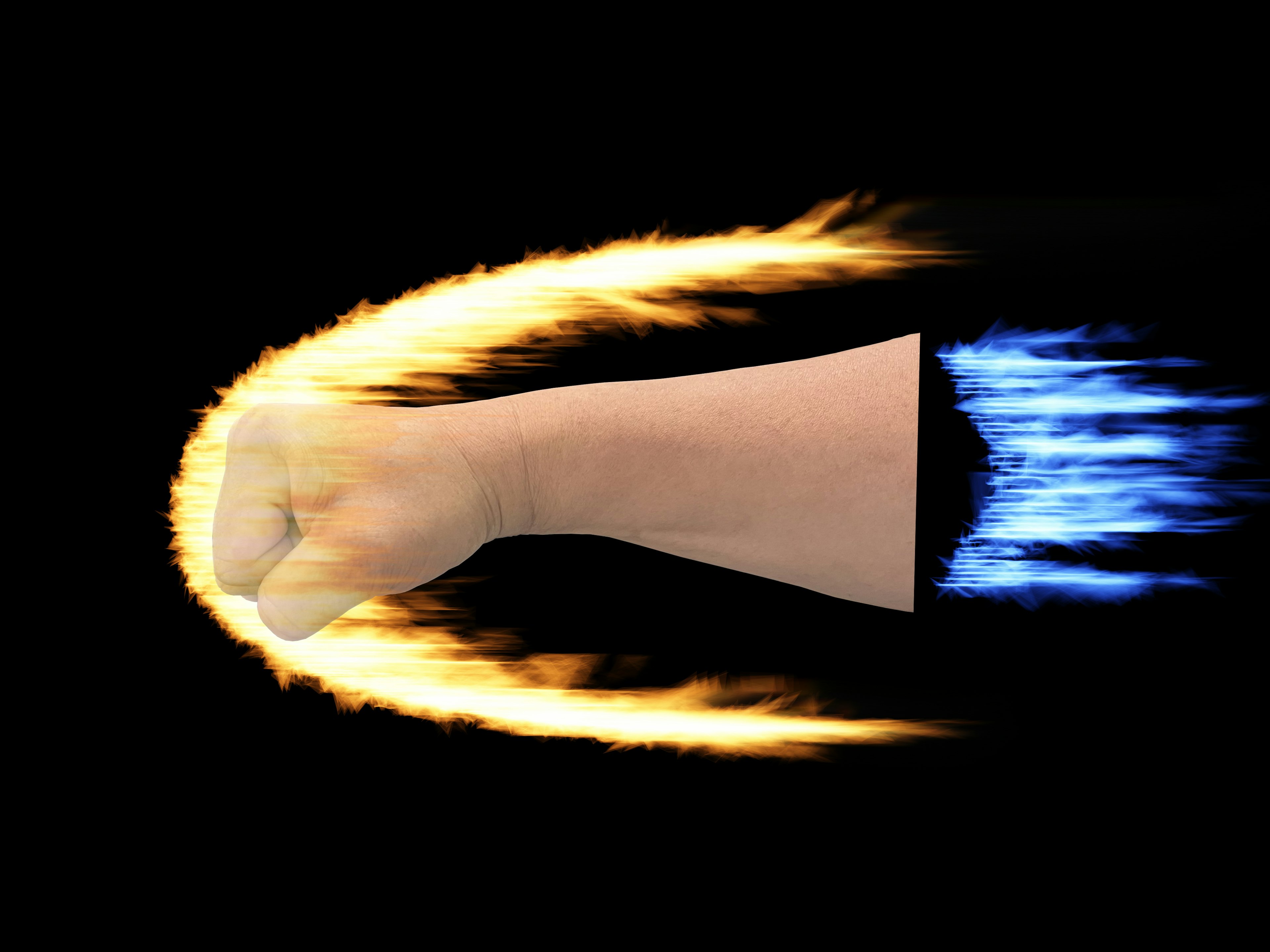 A fist with a fiery aura moving against a black background