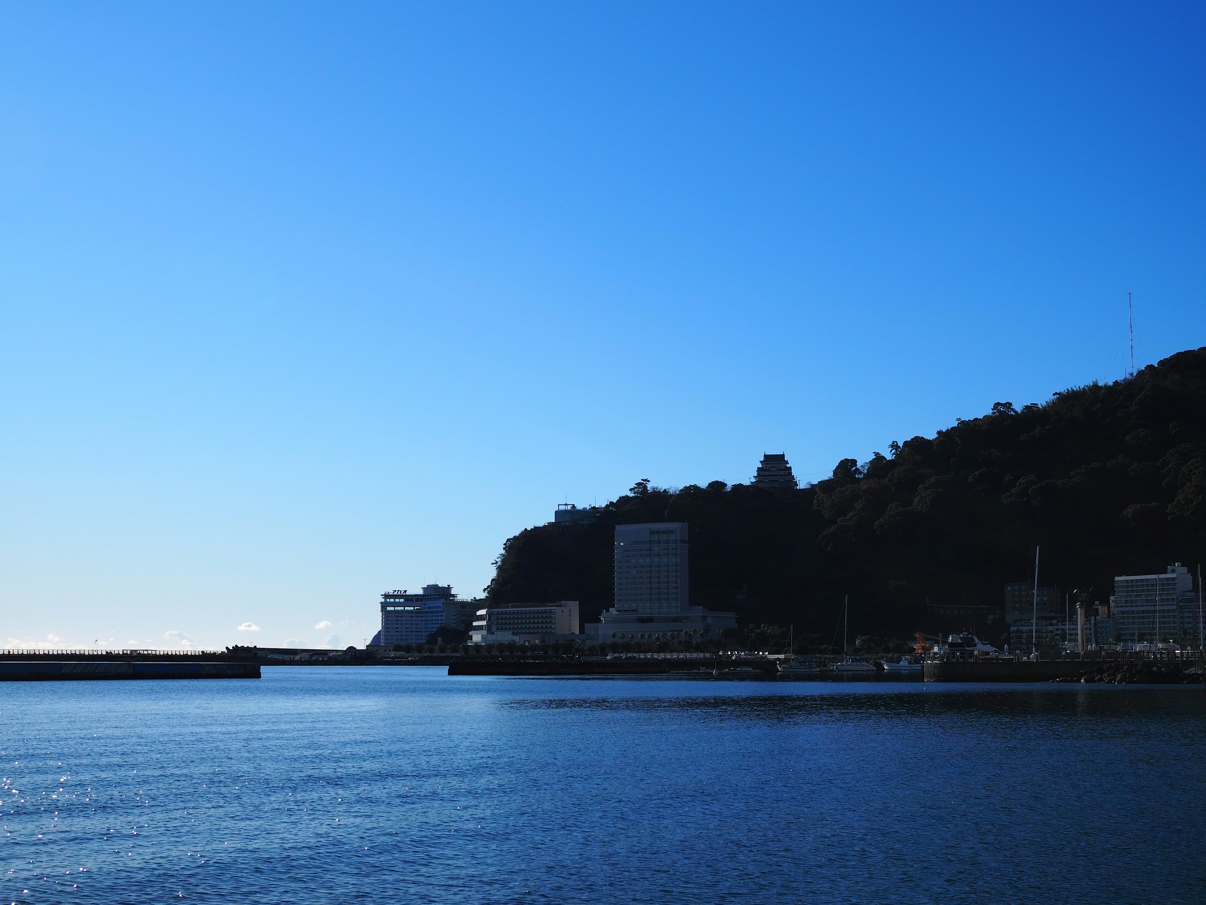 青空と穏やかな海を背景にした建物と山の景観