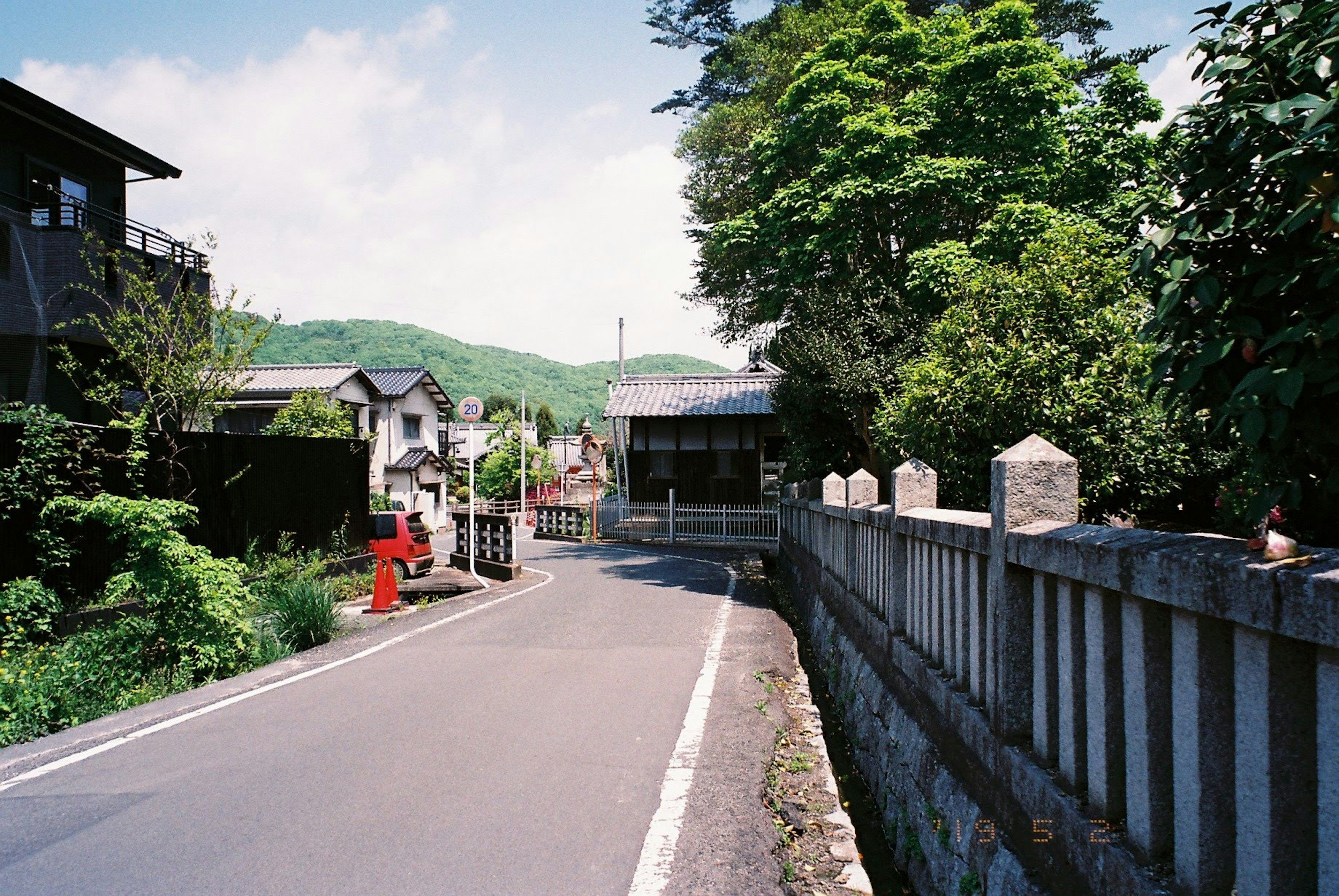 被郁郁葱葱的綠色和傳統房屋包圍的寧靜道路的景色