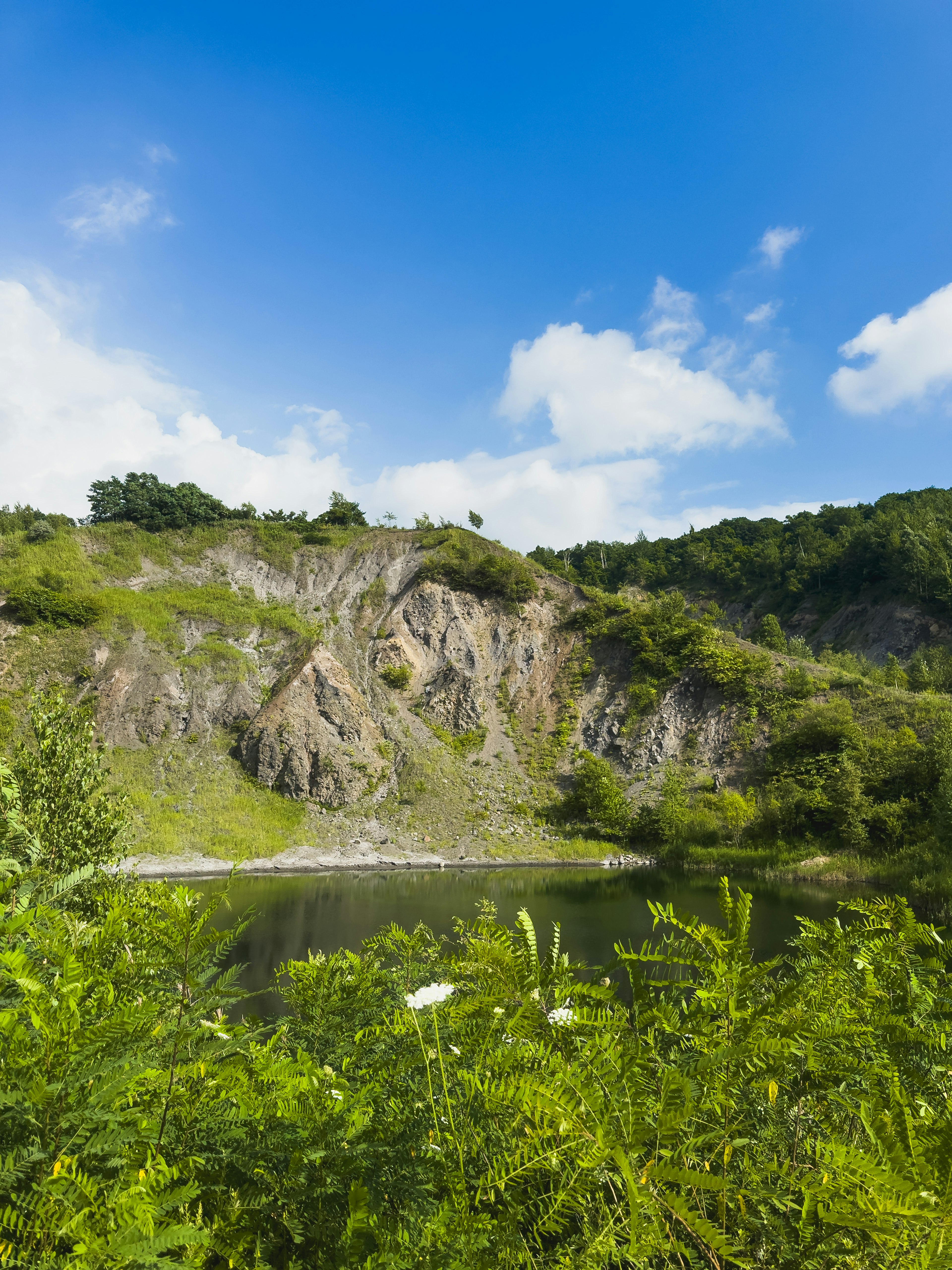 Üppige grüne Hügel und ein ruhiger Teich unter einem blauen Himmel mit flauschigen Wolken