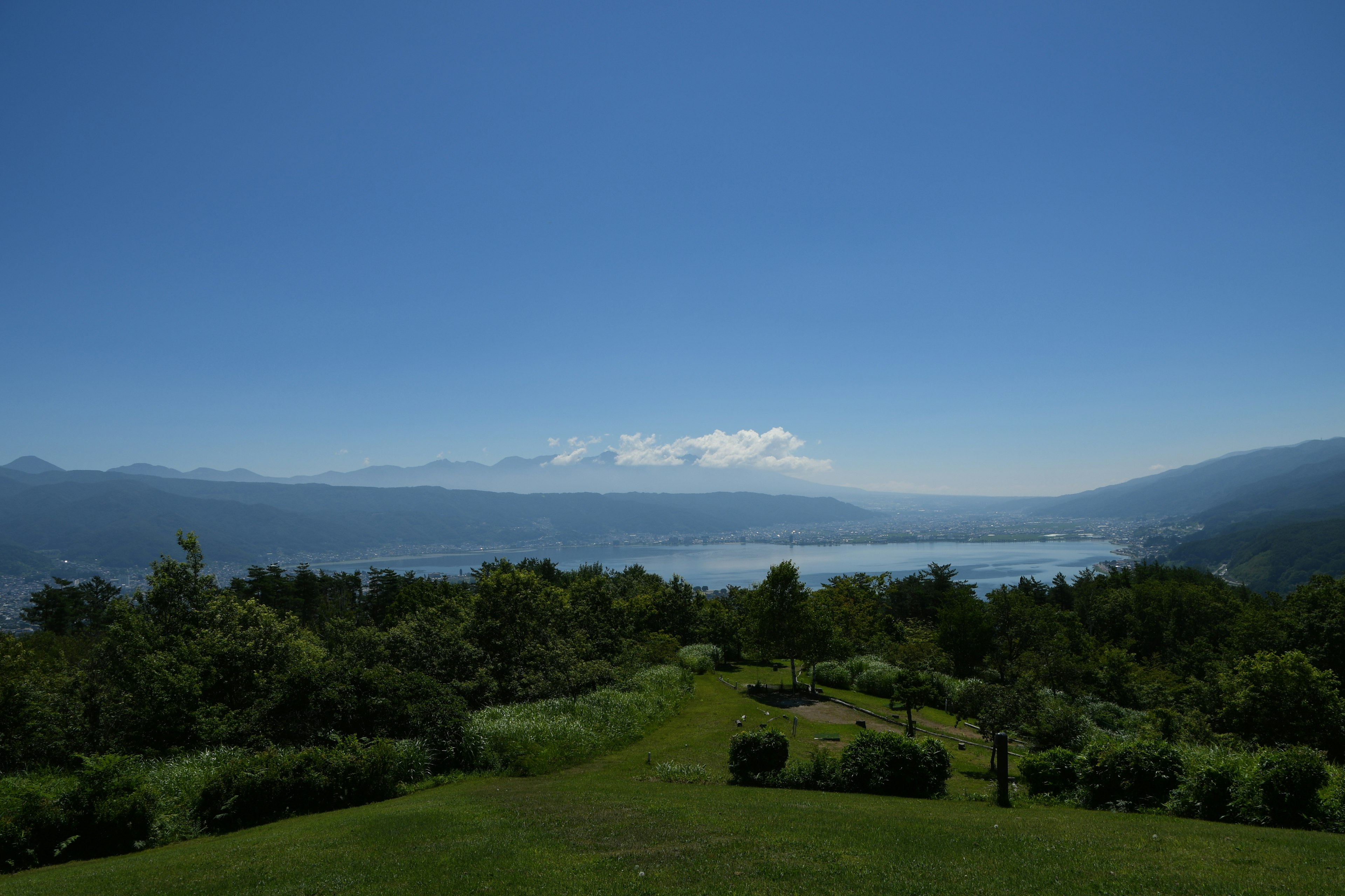 青い空と山々の美しい風景 湖と緑豊かな草地